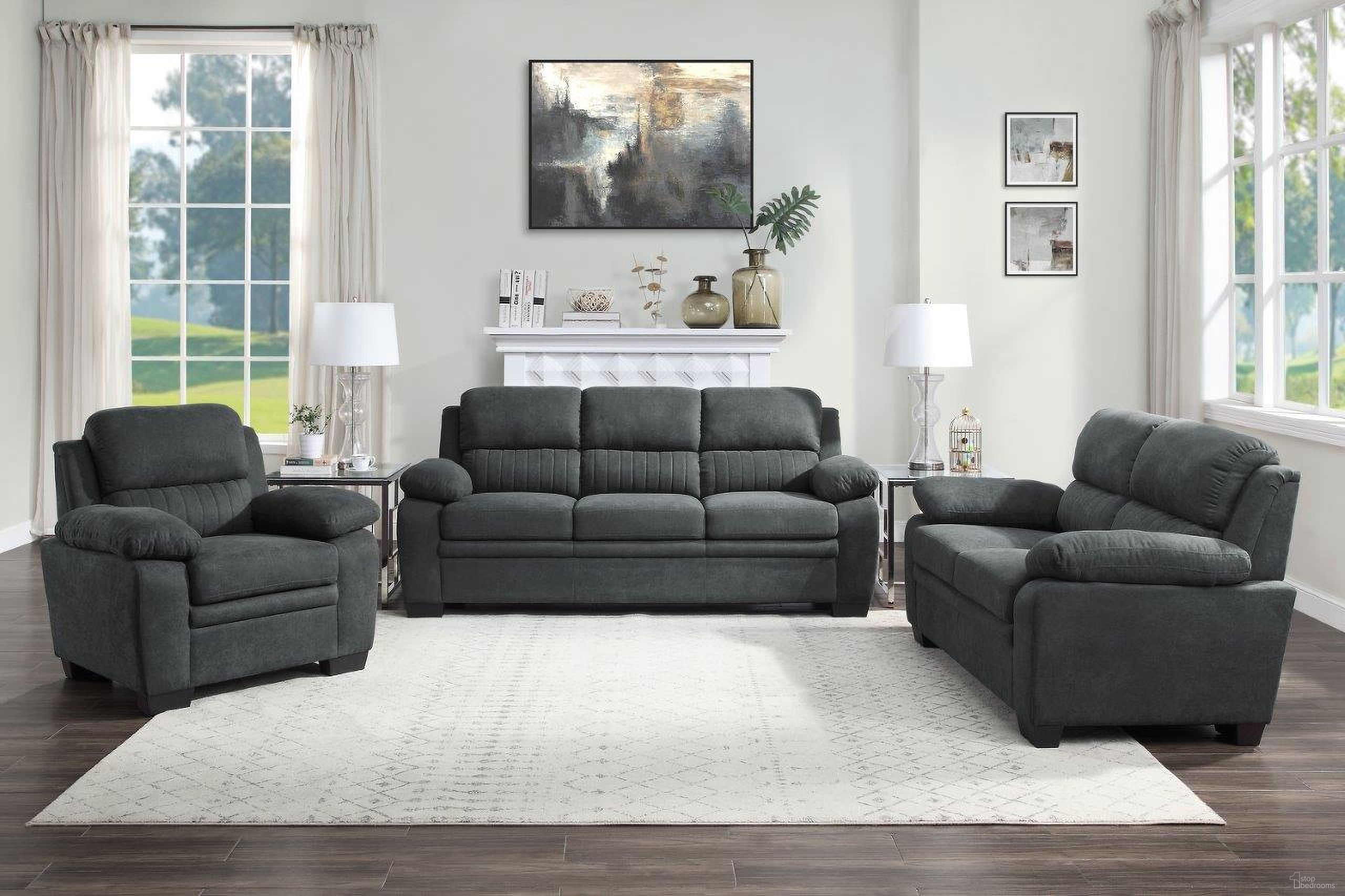 The appearance of Holleman Dark Gray Living Room Set designed by Homelegance in the modern / contemporary interior design. This dark gray piece of furniture was selected by 1StopBedrooms from Holleman Collection to add a touch of cosiness and style into your home. Sku: 9333DG-3;9333DG-2. Material: Polyester.