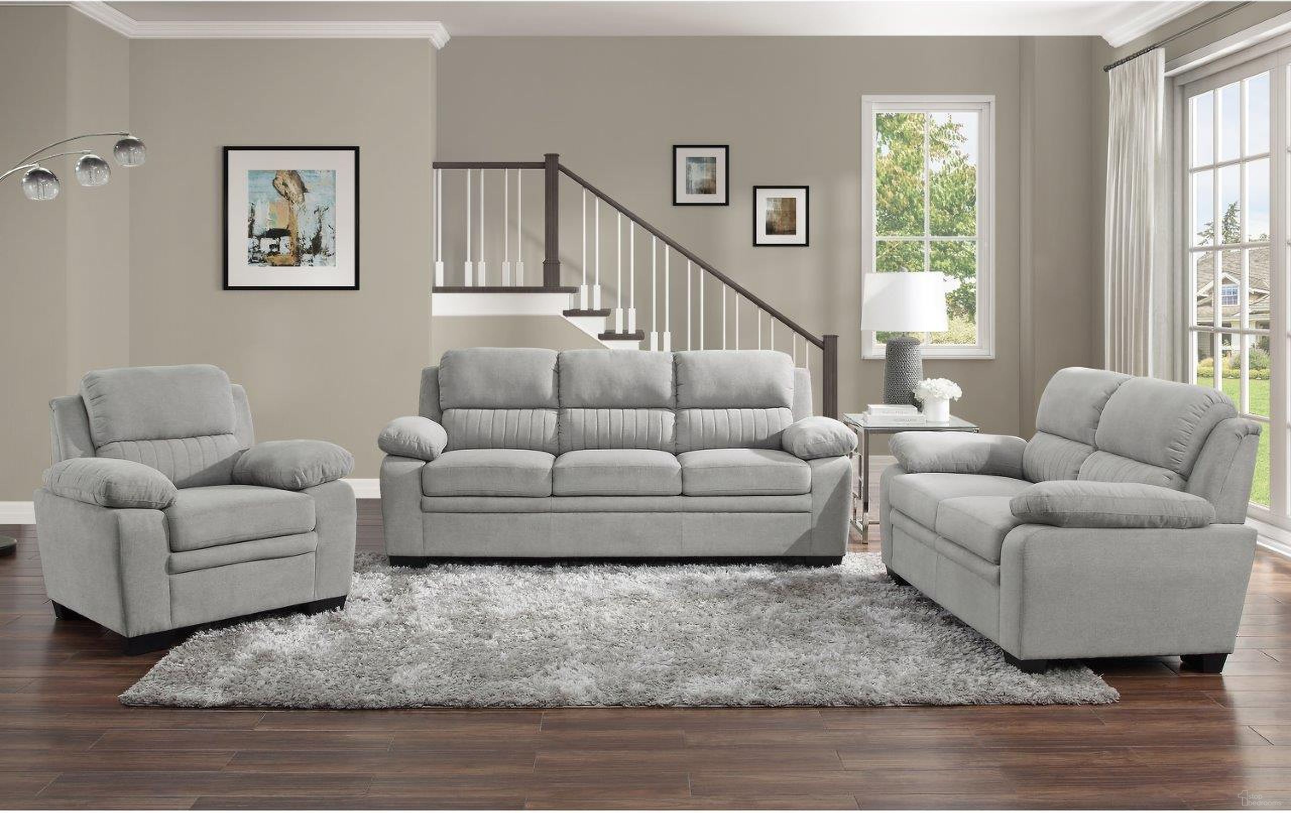 The appearance of Holleman Grey Living Room Set designed by Homelegance in the modern / contemporary interior design. This gray piece of furniture was selected by 1StopBedrooms from Holleman Collection to add a touch of cosiness and style into your home. Sku: 9333GY-3;9333GY-2. Material: Polyester.