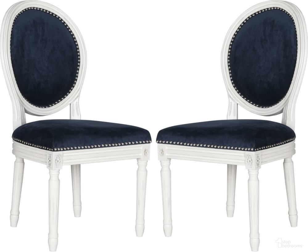 The appearance of Holloway Navy and Cream Brasserie Velvet Oval Side Chair Set of 2 designed by Safavieh in the traditional interior design. This navy velvet piece of furniture was selected by 1StopBedrooms from Holloway Collection to add a touch of cosiness and style into your home. Sku: FOX6228F-SET2. Material: Iron. Chair Type: Side Chair.