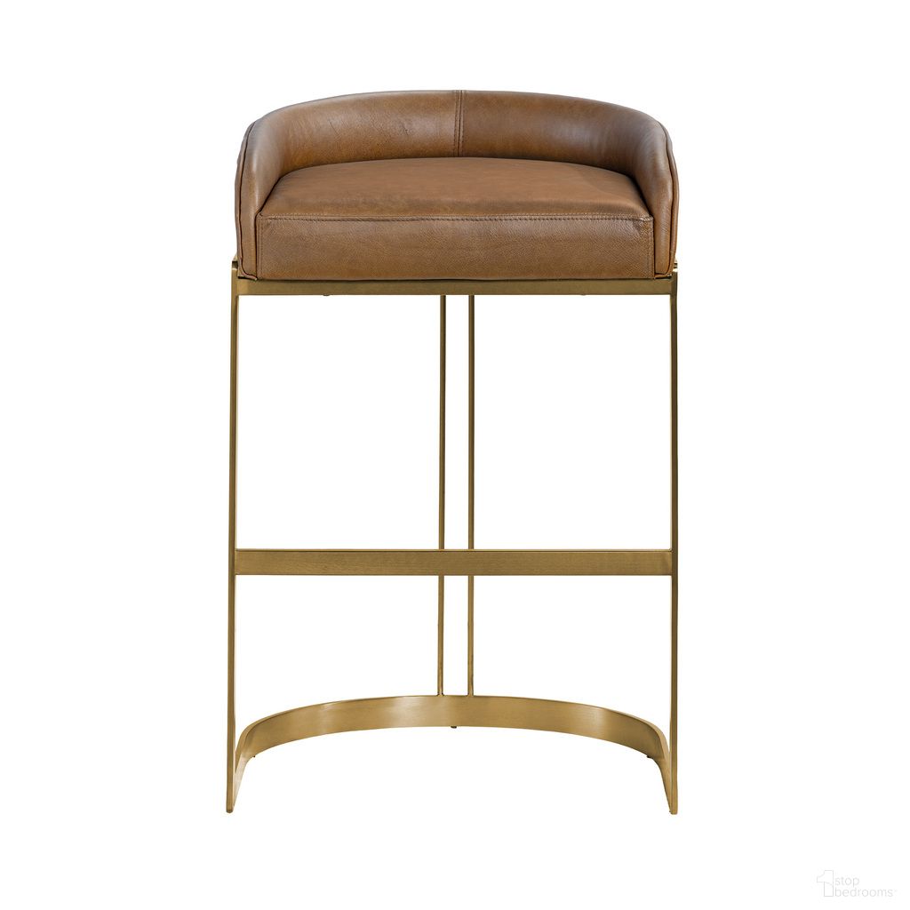 The appearance of Hollyfield II Leather Seat Barstool with Metal Base In Brown and Gold designed by Mercana in the industrial interior design. This brown and gold piece of furniture  was selected by 1StopBedrooms from Hollyfield Collection to add a touch of cosiness and style into your home. Sku: 68574V. Material: Metal.