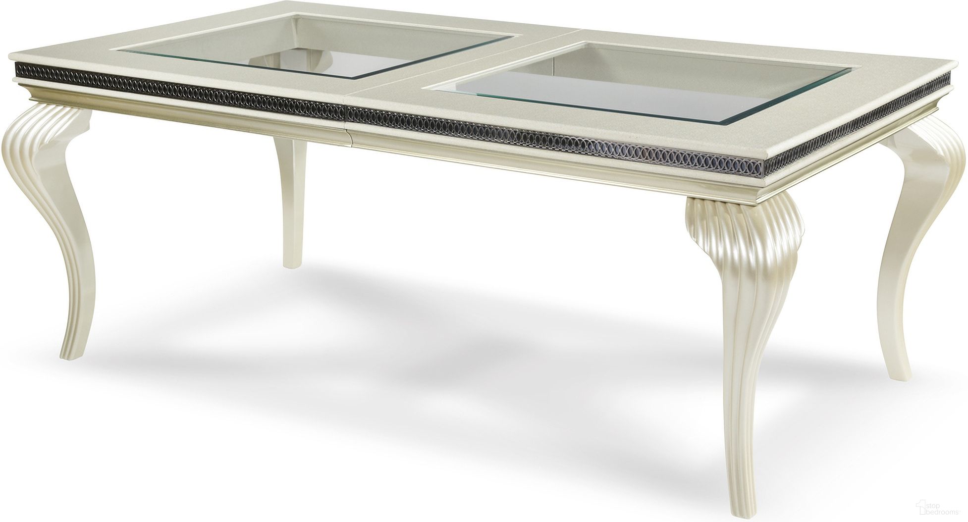The appearance of Hollywood Swank Dining Table In Pearl Caviar designed by Michael Amini in the modern / contemporary interior design. This pearl caviar piece of furniture  was selected by 1StopBedrooms from Hollywood Swank Collection to add a touch of cosiness and style into your home. Sku: NT03000T-11;NT03000L-08. Table Base Style: Legs. Material: Wood. Table Top Shape: Rectangular. Size: 42" x 78".