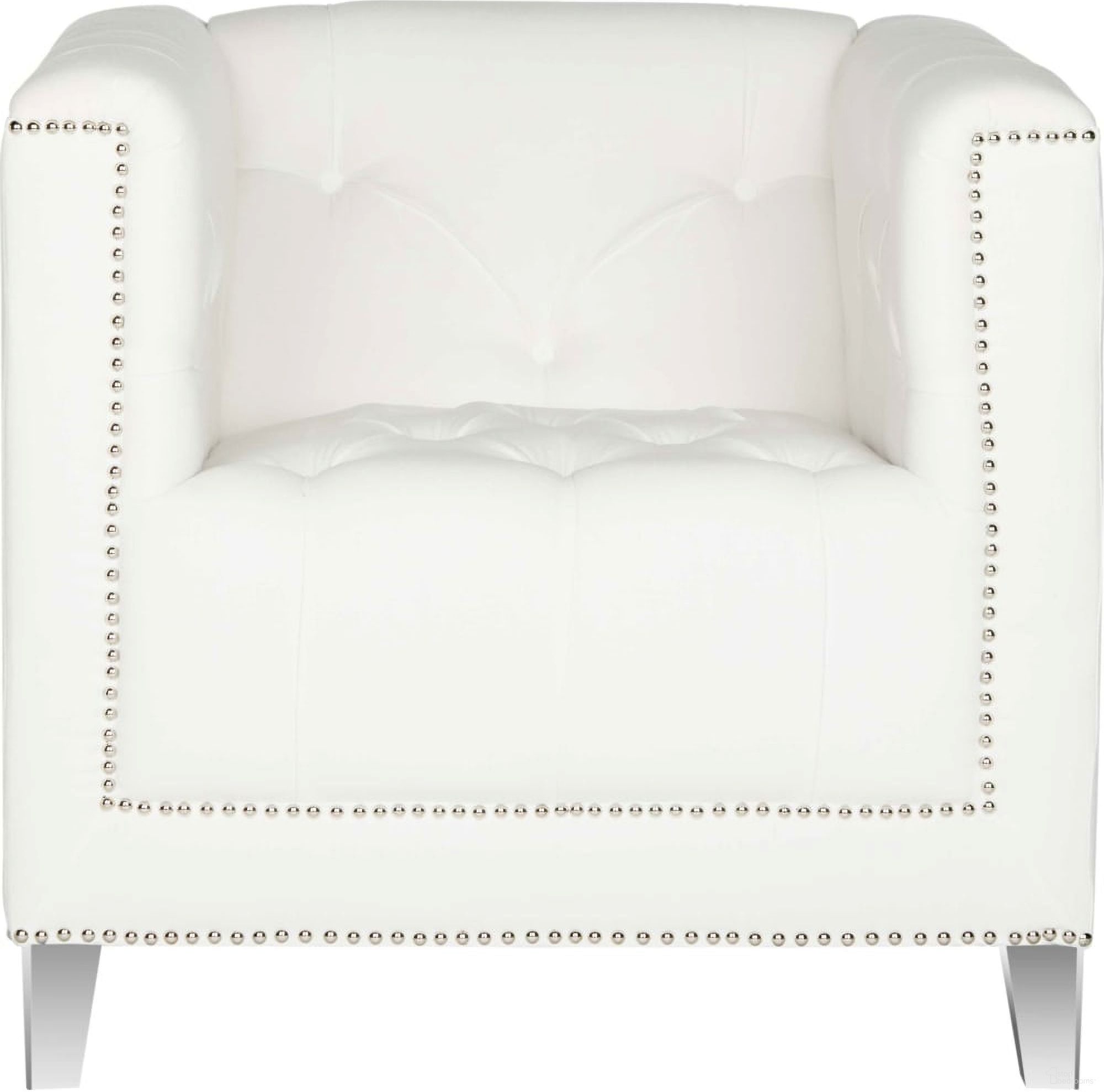 The appearance of Hollywood White and Clear Glam Tufted Acrylic Club Chair with Nailhead Detail MCR4212A designed by Safavieh in the modern / contemporary interior design. This white piece of furniture was selected by 1StopBedrooms from Hollywood Collection to add a touch of cosiness and style into your home. Sku: MCR4212A. Material: Stainless Steel.