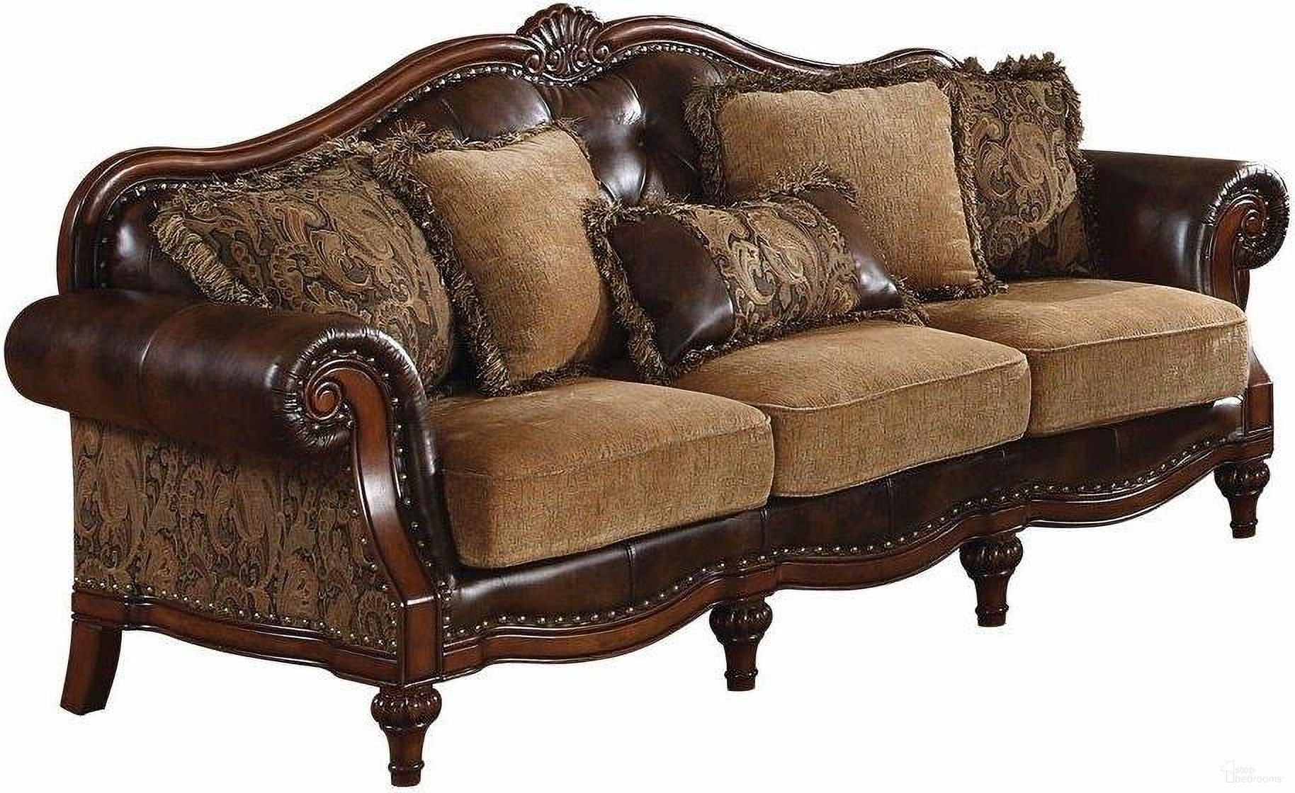 The appearance of Homeroots 2 Tone Brown Pu Chenille Upholstery Wood Sofa With 5 Pillows designed by Homeroots in the rustic / southwestern interior design. This brown piece of furniture was selected by 1StopBedrooms from to add a touch of cosiness and style into your home. Sku: 348631. Material: Wood.