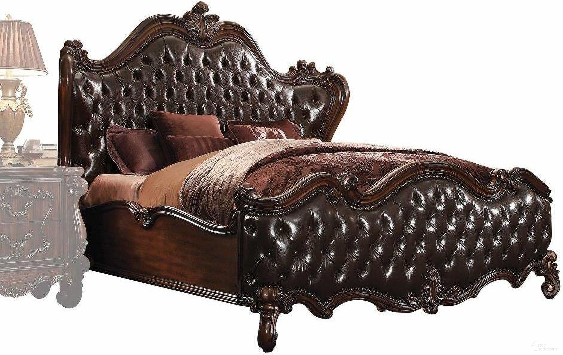 Homeroots 2 Tone Dark Brown Pu Cherry Oak Wood Poly Resin Upholstery Queen Bed