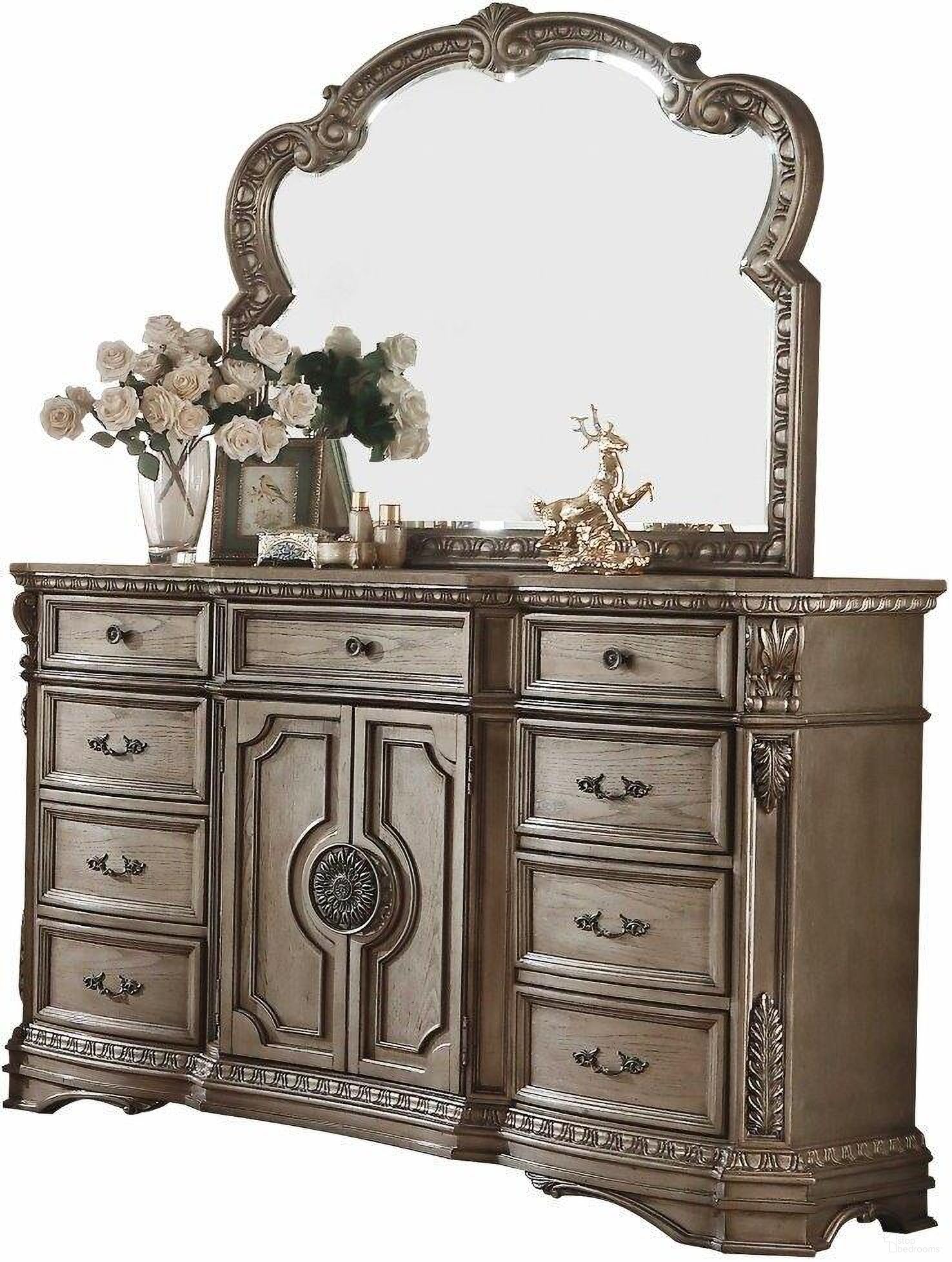 Homeroots Antique Champagne Wood Poly Resin Dresser With Wooden Top