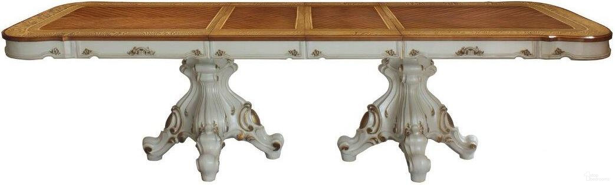 The appearance of Homeroots Antique Pearl Cherry Oak Wood Poly Resin Dining Table With Double Pedestal designed by Homeroots in the traditional interior design. This cherry oak piece of furniture  was selected by 1StopBedrooms from  to add a touch of cosiness and style into your home. Sku: 348650. Table Base Style: Double Pedestal. Material: Wood. Table Top Shape: Rectangular. Size: 120" x 49".