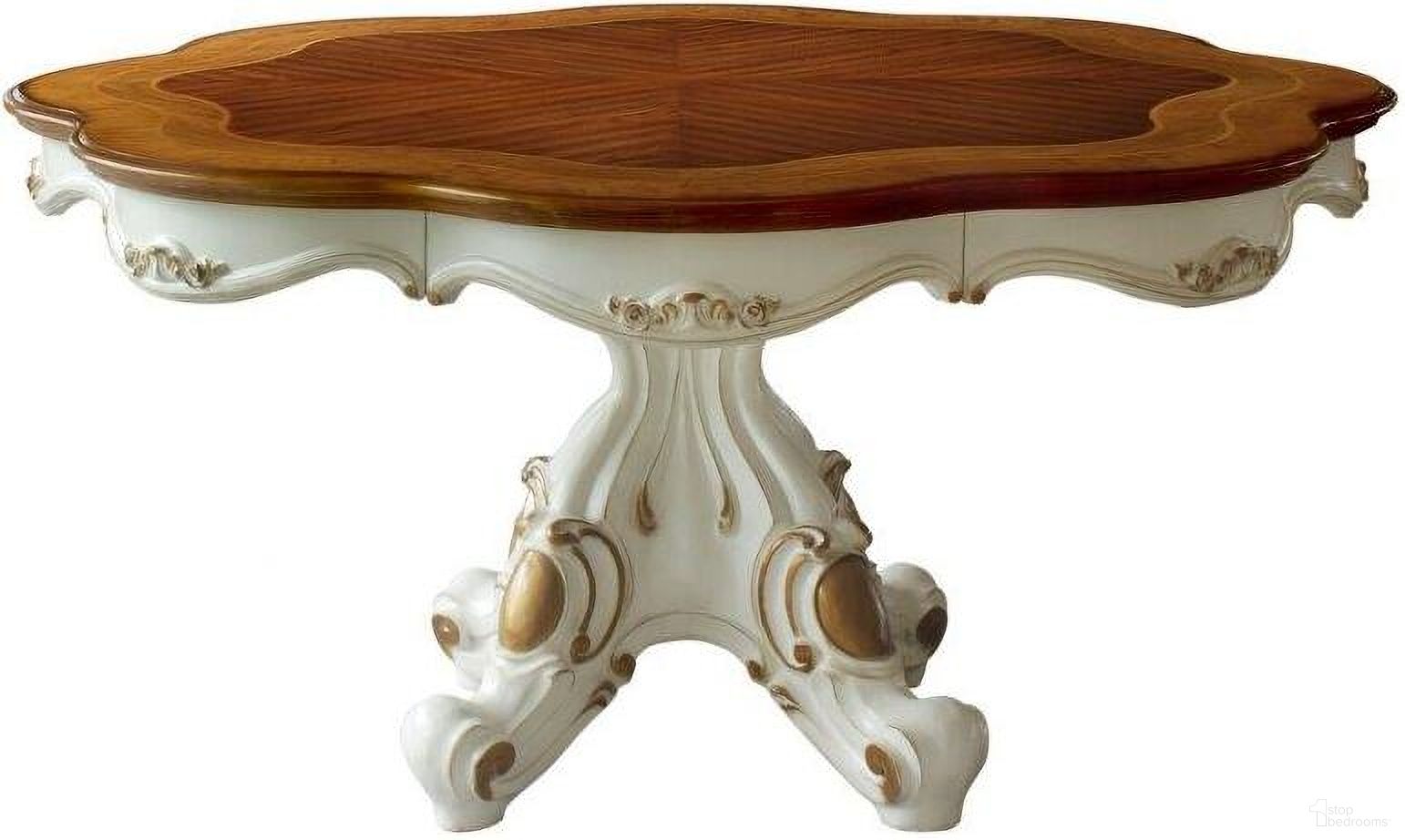 Homeroots Antique Pearl Cherry Oak Wood Poly Resin Dining Table With Single Pedestal