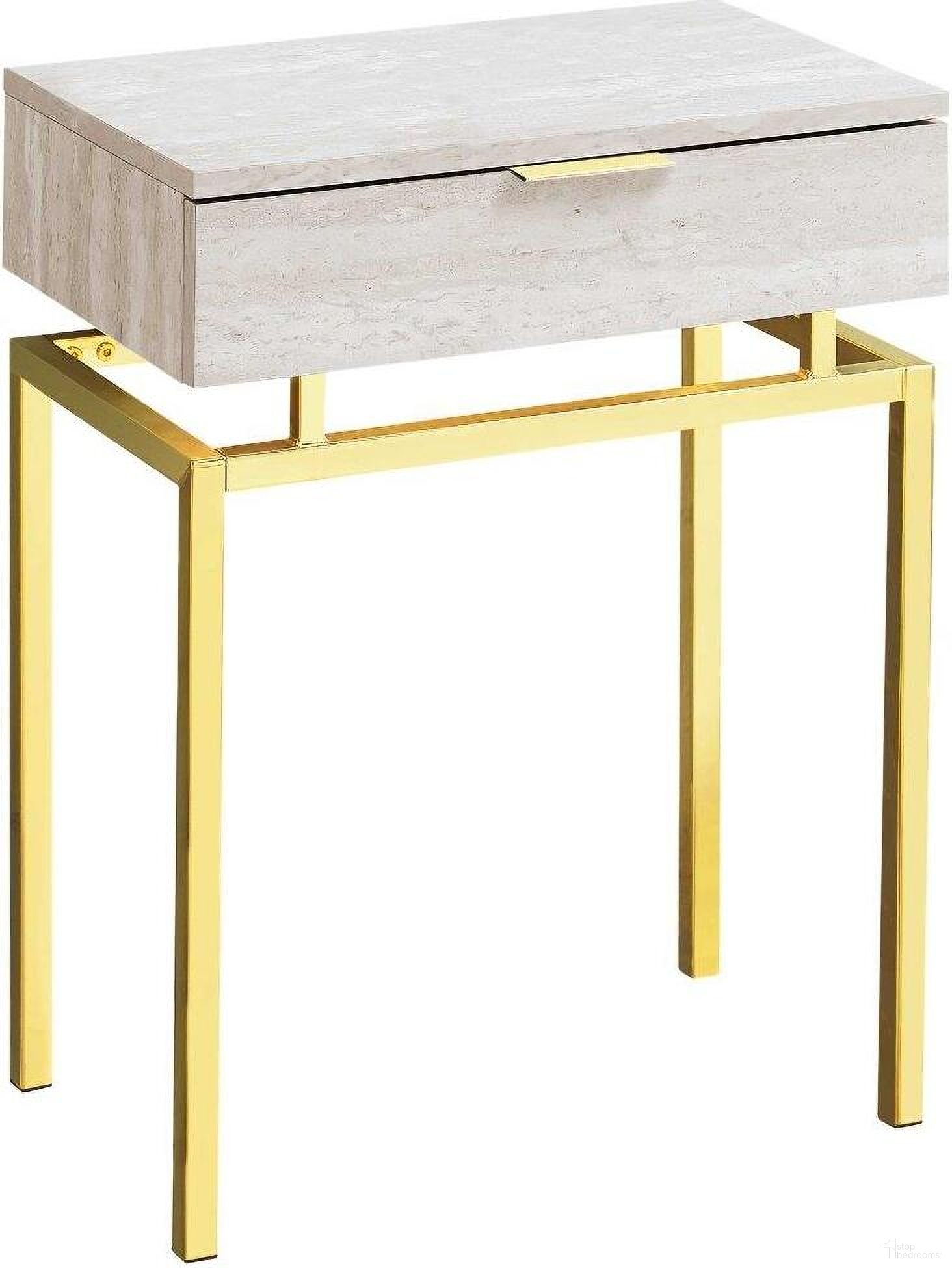 The appearance of Homeroots Beige Gold Metal Accent Table designed by Homeroots in the modern / contemporary interior design. This golden beige piece of furniture  was selected by 1StopBedrooms from  to add a touch of cosiness and style into your home. Sku: 333215. Material: MDF.