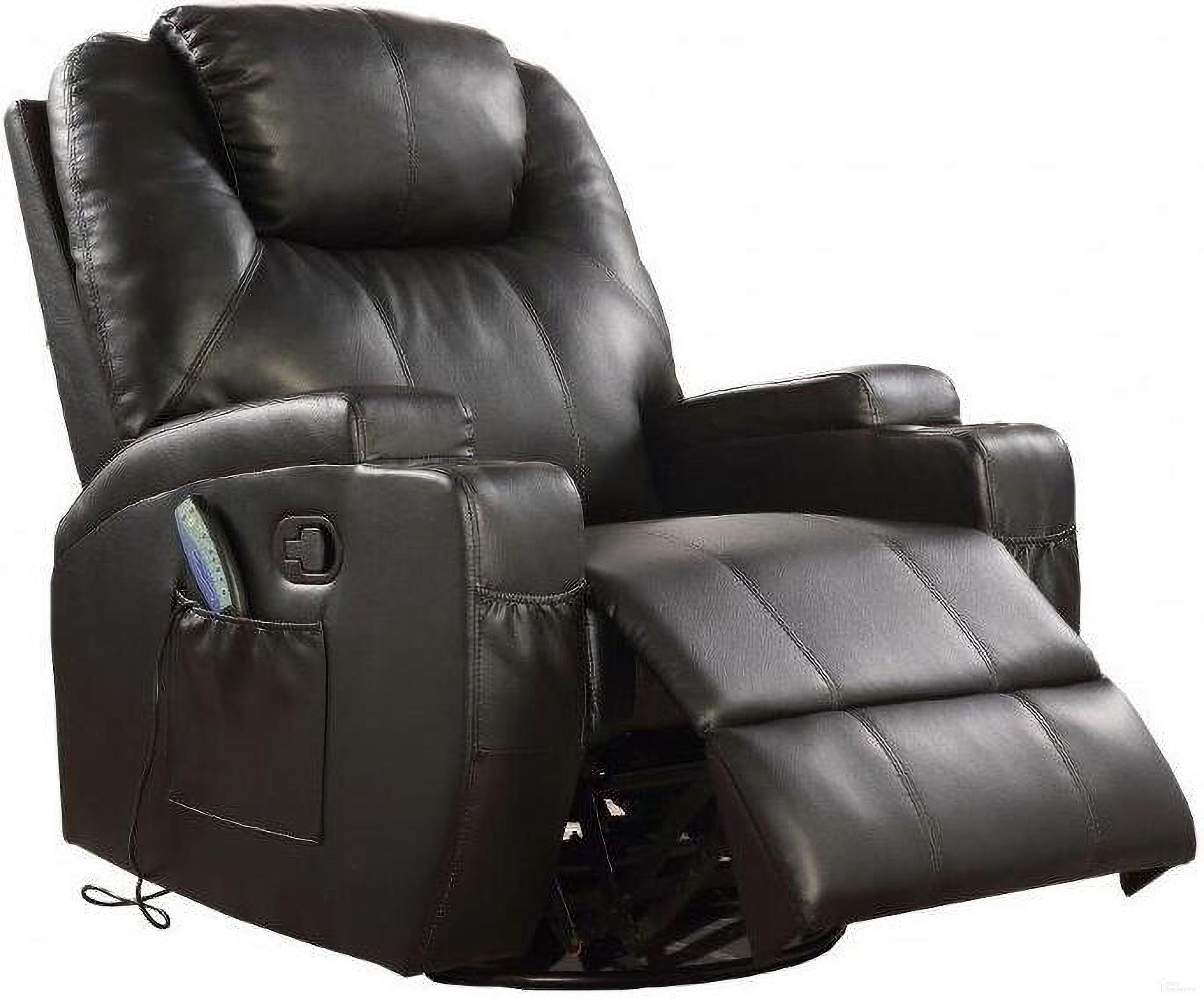 The appearance of Homeroots Black Bonded Leather Match Swivel Rocker Recliner With Massage designed by Homeroots in the modern / contemporary interior design. This black leather piece of furniture was selected by 1StopBedrooms from to add a touch of cosiness and style into your home. Sku: 318863. Material: Leather.