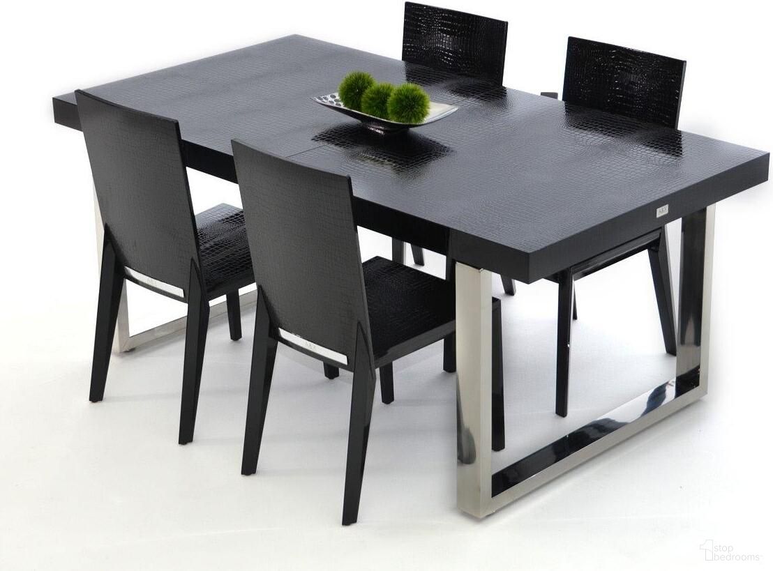 The appearance of Homeroots Black Crocodile Lacquer Mdf Dining Table With Stainless Steel Legs designed by Homeroots in the modern / contemporary interior design. This black piece of furniture  was selected by 1StopBedrooms from Crocodile Collection to add a touch of cosiness and style into your home. Sku: 284111. Table Base Style: Legs. Material: MDF. Table Top Shape: Rectangular. Size: 37" x 71".