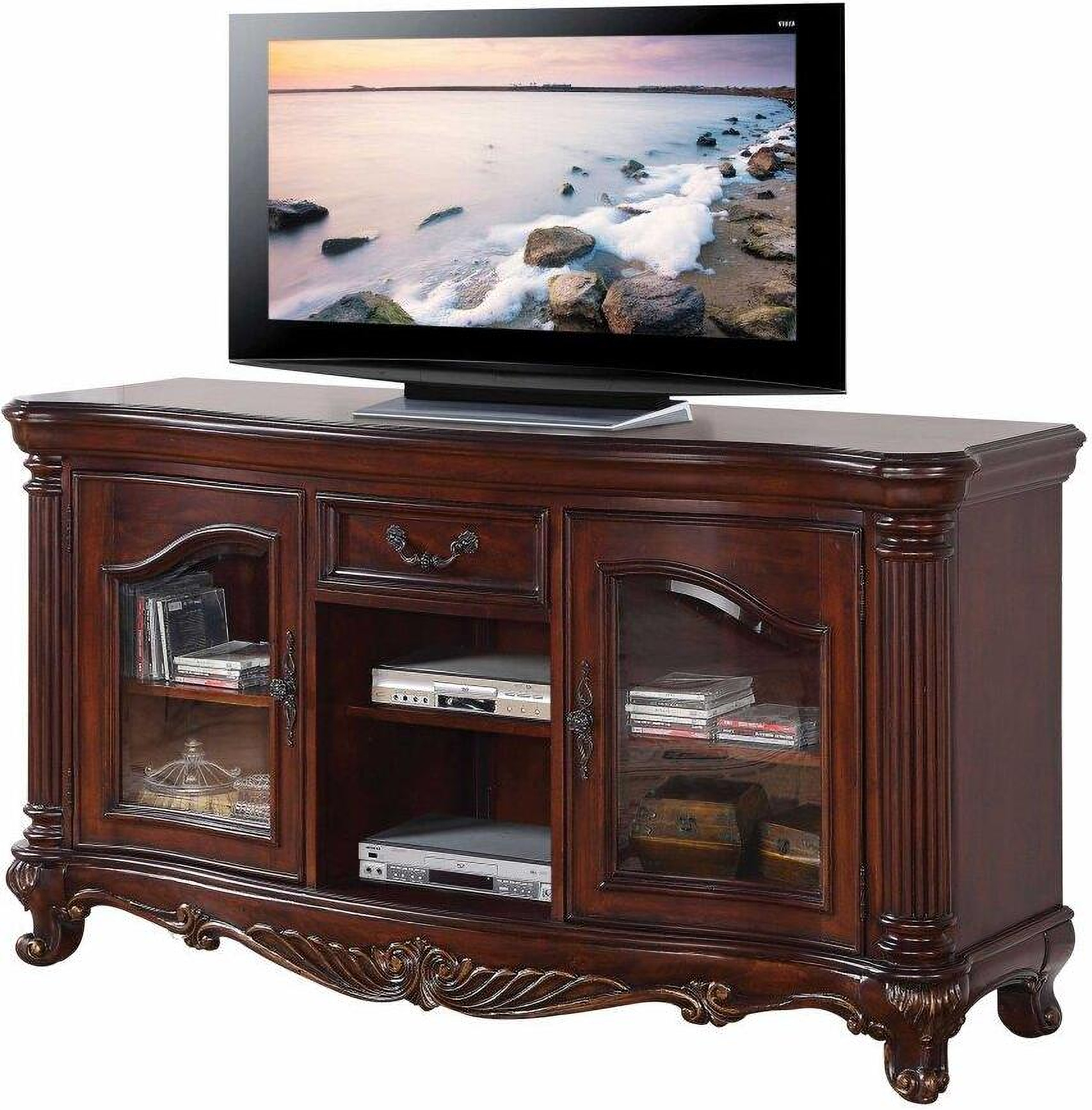 Homeroots Brown Cherry Wood Glass Tv Stand 1StopBedrooms
