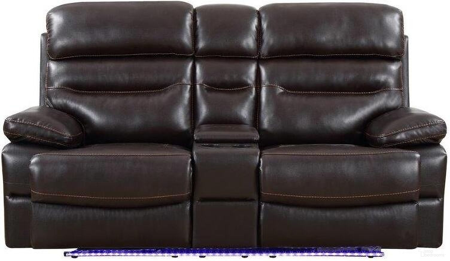 The appearance of Homeroots Brown Power Reclining Console Loveseat designed by Homeroots in the modern / contemporary interior design. This brown piece of furniture was selected by 1StopBedrooms from to add a touch of cosiness and style into your home. Sku: 366312. Material: Leather.
