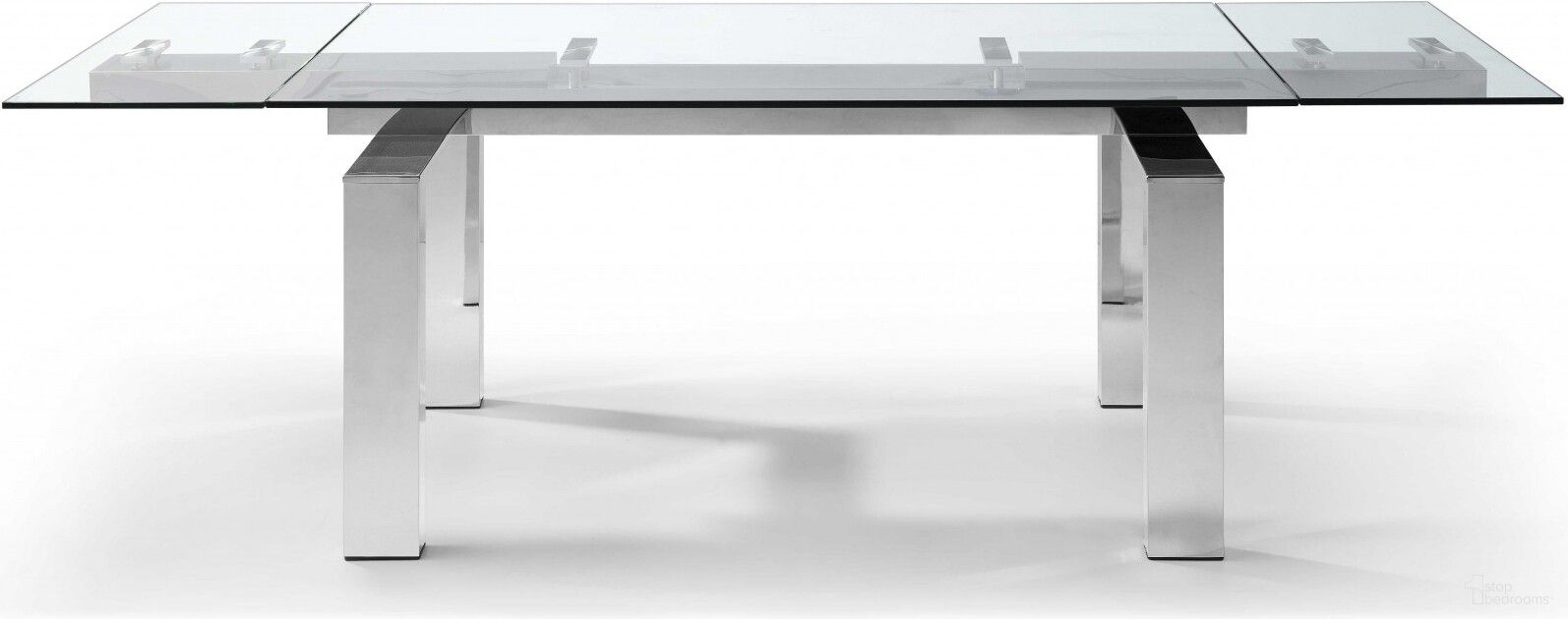 The appearance of Homeroots Clear Glass And Aluminum Extendable Dining Table designed by Homeroots in the modern / contemporary interior design. This clear piece of furniture  was selected by 1StopBedrooms from  to add a touch of cosiness and style into your home. Sku: 320769. Table Base Style: Legs. Material: Glass. Table Top Shape: Rectangular. Size: 35" x 63".