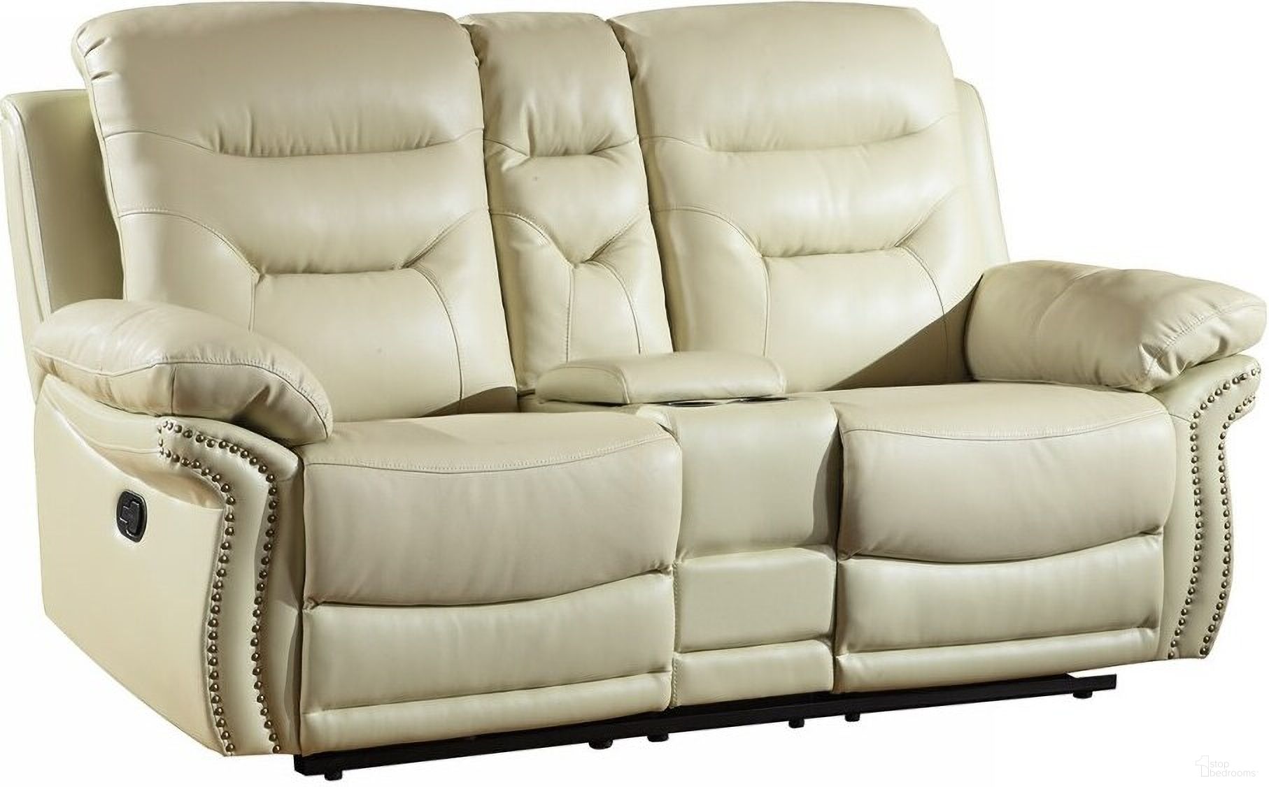 The appearance of Homeroots Comfortable Beige Leather Console Loveseat designed by Homeroots in the transitional interior design. This beige piece of furniture  was selected by 1StopBedrooms from  to add a touch of cosiness and style into your home. Sku: 329421. Material: Leather.