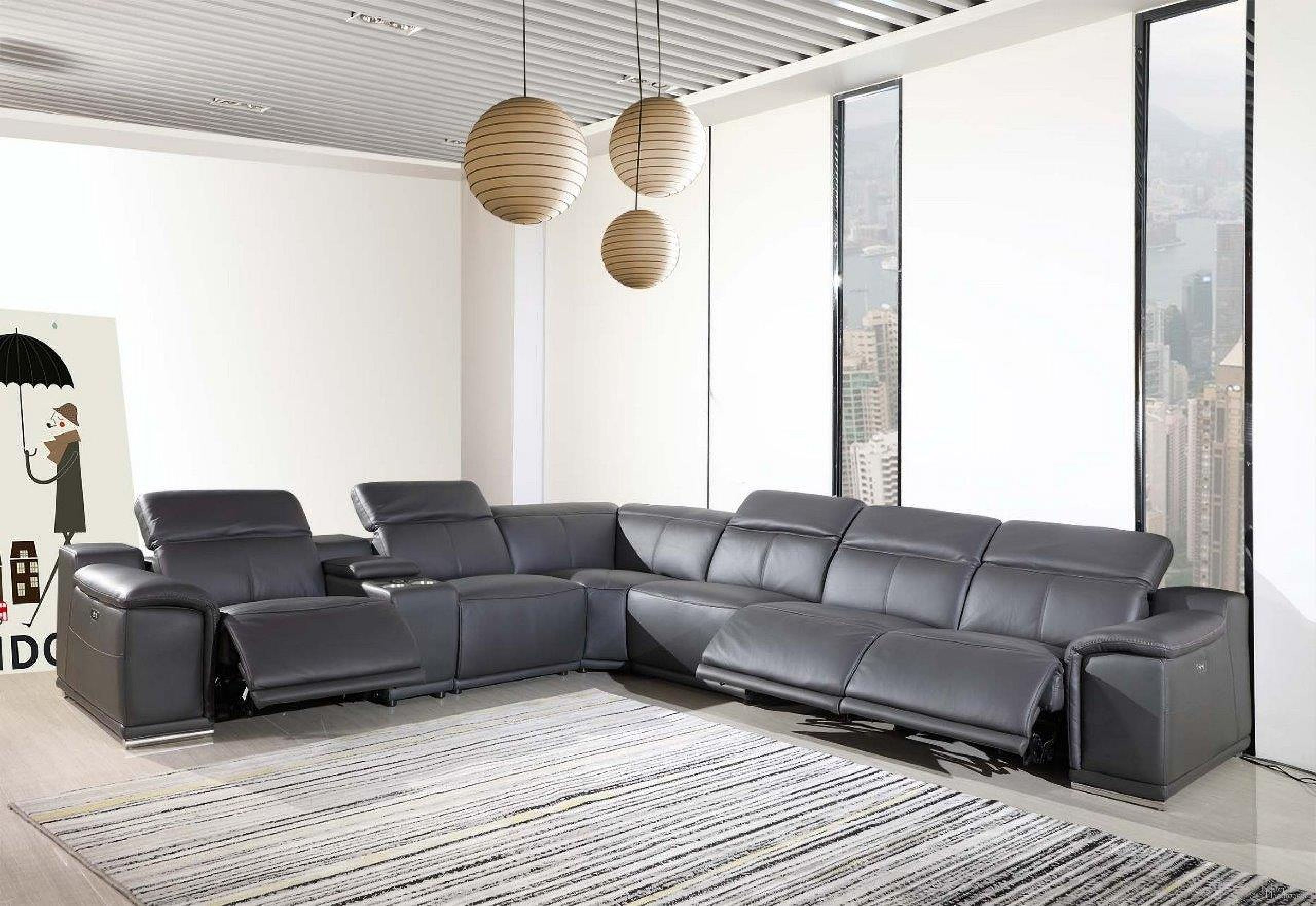 Homeroots Dark Grey Power Reclining 7 Piece Sectional with 1 Console 366357