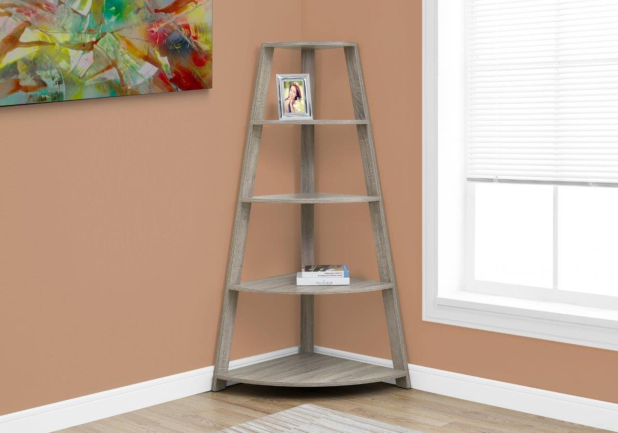 The appearance of Homeroots Dark Taupe Black Particle Board Bookcase Corner Accent Shelf designed by Homeroots in the modern / contemporary interior design. This dark taupe piece of furniture was selected by 1StopBedrooms from to add a touch of cosiness and style into your home. Sku: 332800. Material: MDF.