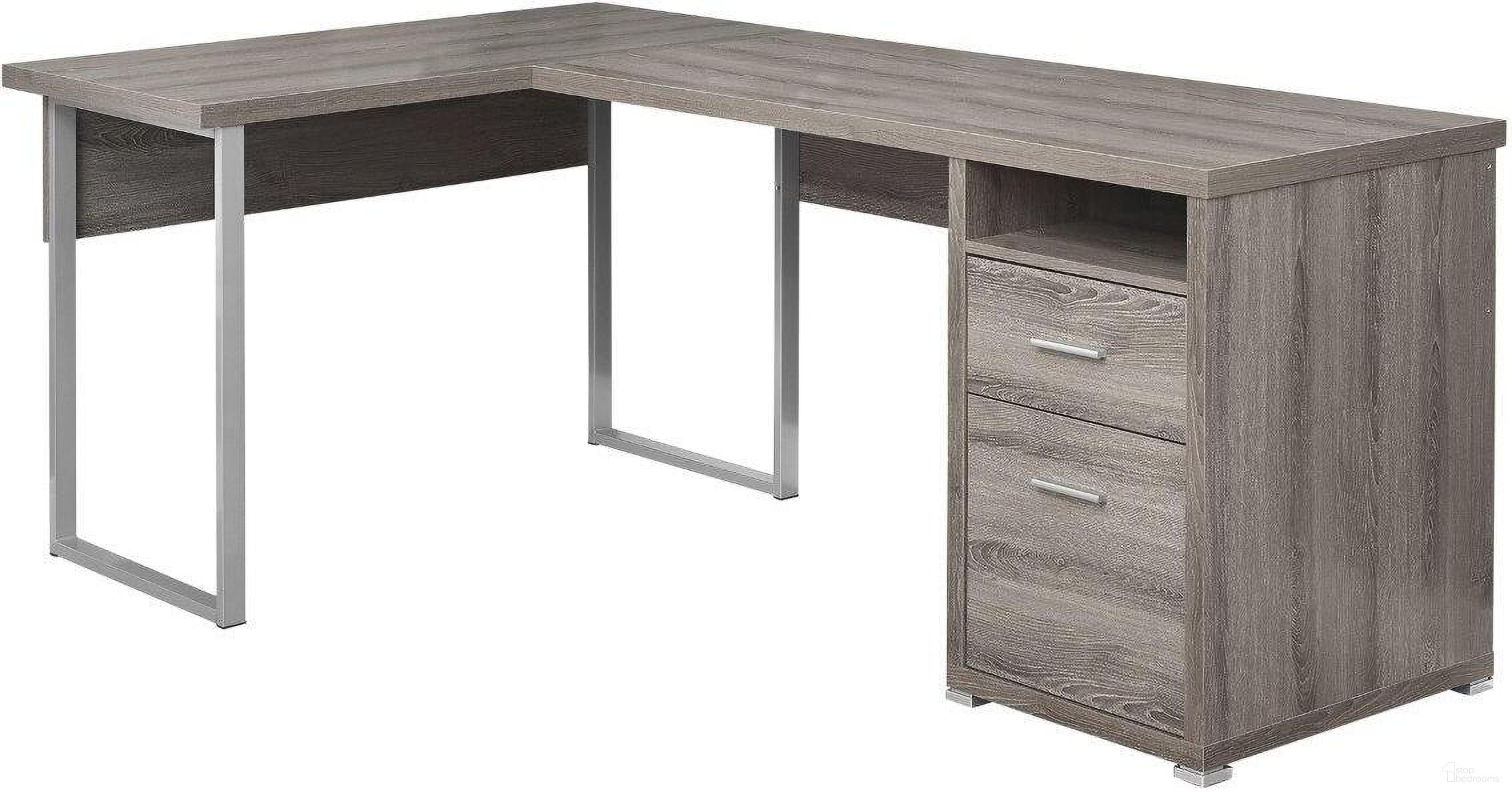 The appearance of Homeroots Dark Taupe Silver Particle Board Hollow Core Metal Computer Desk 333443 designed by Homeroots in the modern / contemporary interior design. This dark taupe piece of furniture  was selected by 1StopBedrooms from  to add a touch of cosiness and style into your home. Sku: 333443. Material: MDF.
