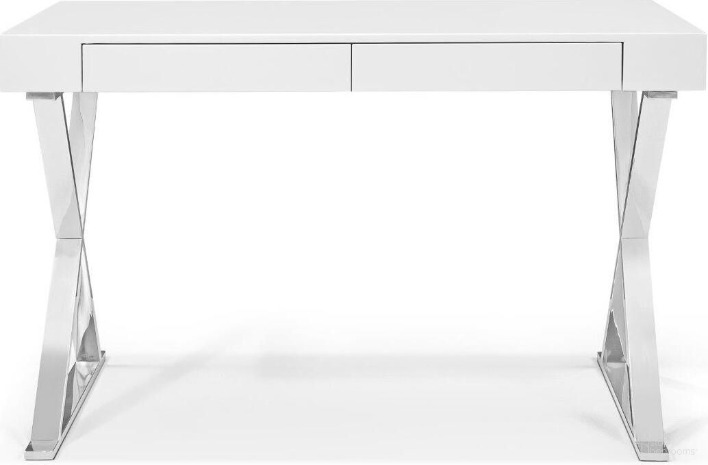 The appearance of Homeroots Desk With Large High Gloss White Two Drawers Stainless Steel Base designed by Homeroots in the modern / contemporary interior design. This white piece of furniture  was selected by 1StopBedrooms from  to add a touch of cosiness and style into your home. Sku: 320752. Material: Steel.