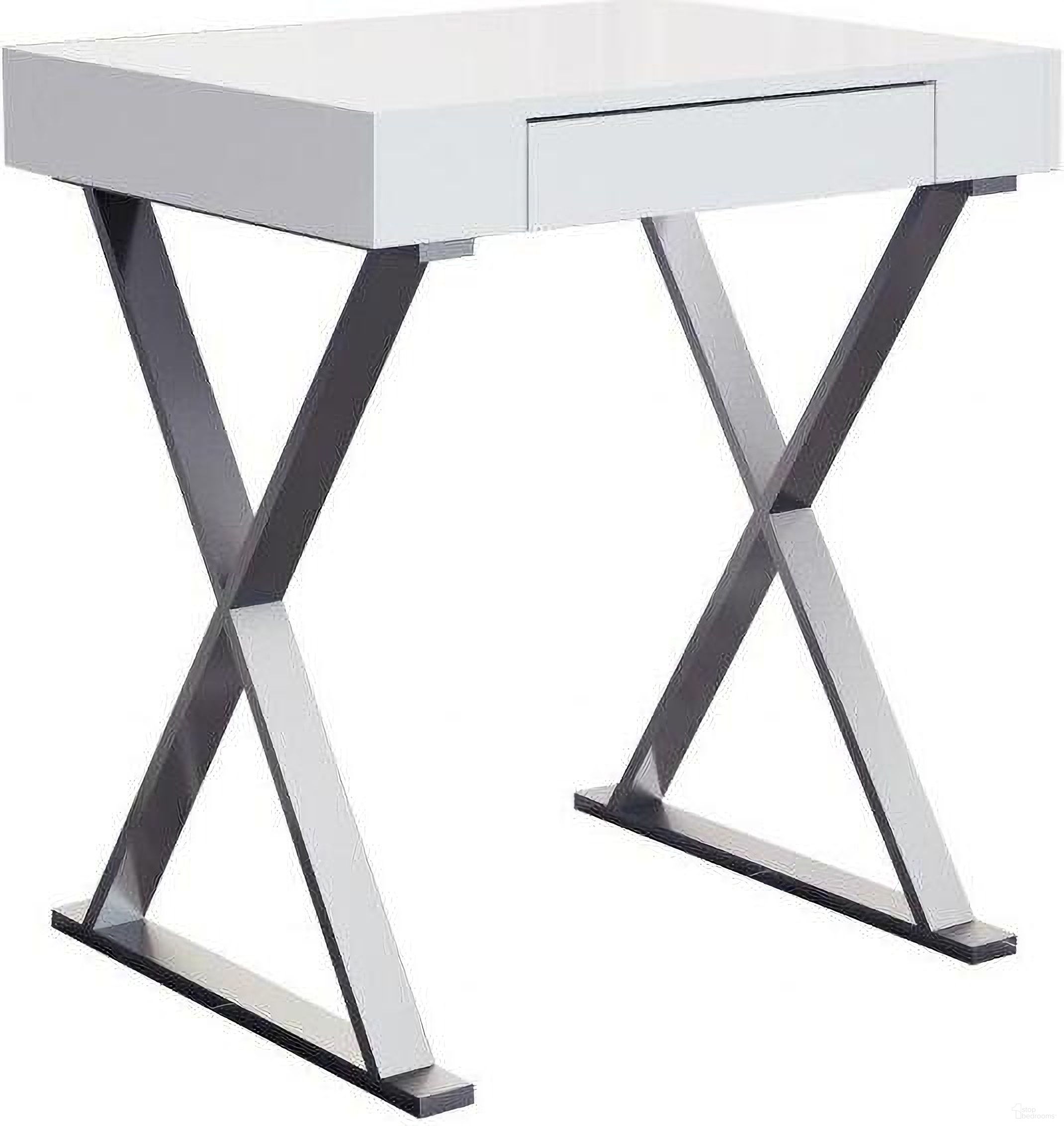 The appearance of Homeroots Desk With Small High Gloss White One Drawer Stainless Steel Base designed by Homeroots in the modern / contemporary interior design. This white piece of furniture  was selected by 1StopBedrooms from  to add a touch of cosiness and style into your home. Sku: 320753. Material: Steel.