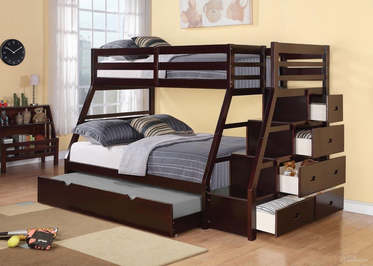 The appearance of Homeroots Espresso Pine Wood Twin Bunk Bed With Trundle designed by Homeroots in the modern / contemporary interior design. This espresso piece of furniture was selected by 1StopBedrooms from to add a touch of cosiness and style into your home. Sku: 286561. Bed Type: Bunk Bed. Material: Wood. Bed Size: Twin Over Full.