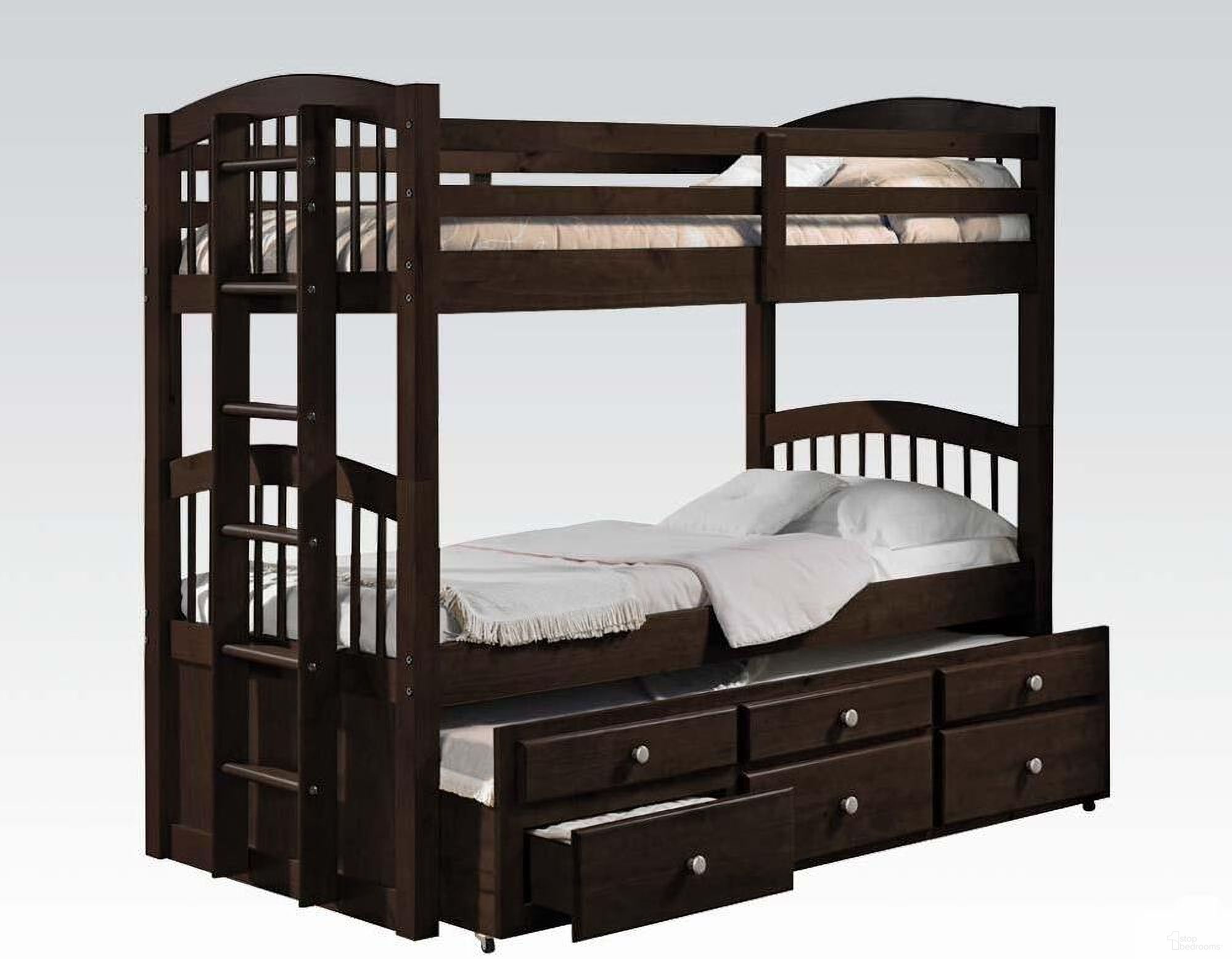 The appearance of Homeroots Espresso Twin Over Twin Bunk Bed And Trundle With 3 Drawers designed by Homeroots in the modern / contemporary interior design. This espresso piece of furniture was selected by 1StopBedrooms from to add a touch of cosiness and style into your home. Sku: 285935. Bed Type: Bunk Bed. Material: Wood. Bed Size: Twin Over Twin.