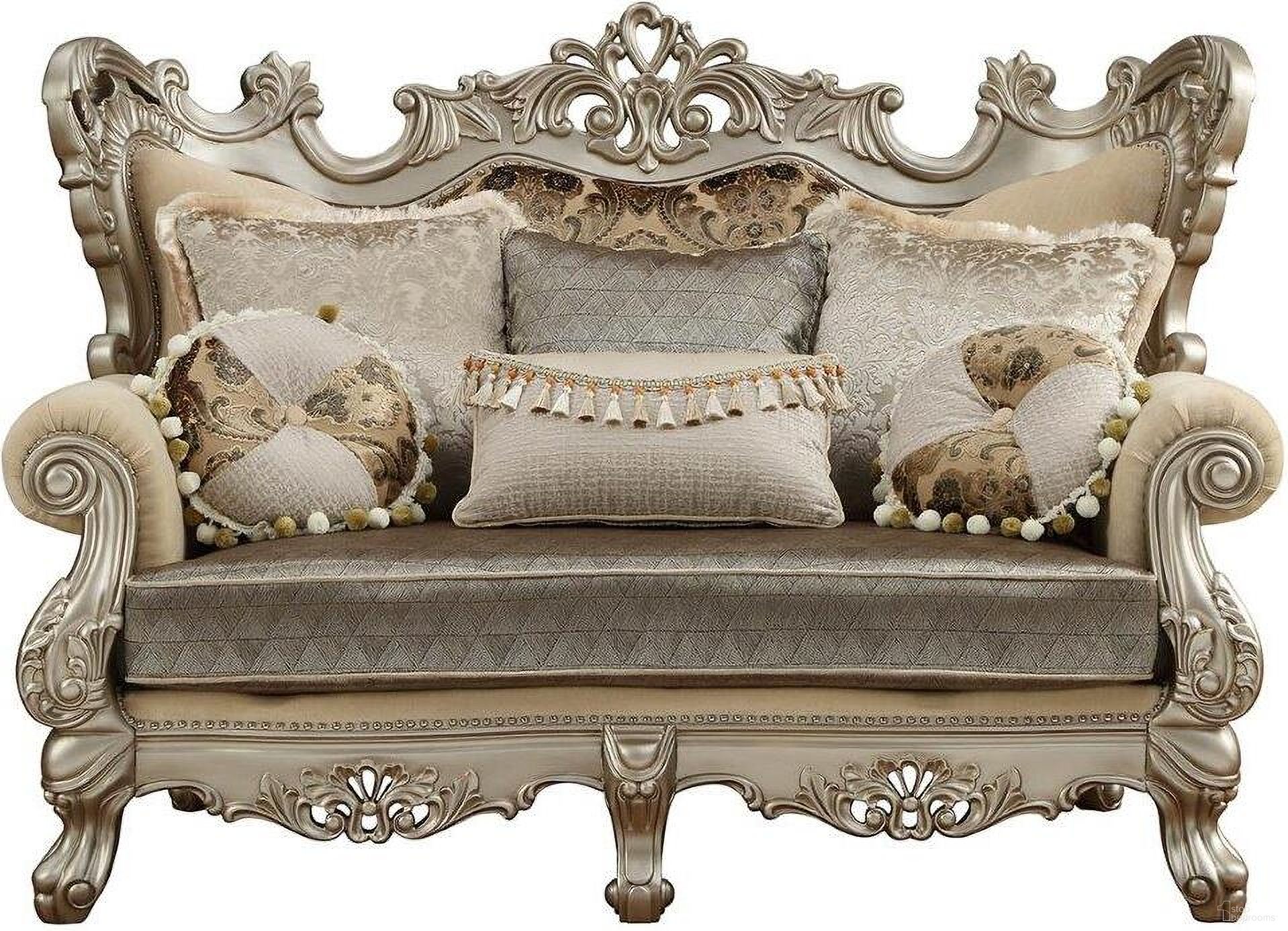 The appearance of Homeroots Fabric And Champagne Upholstery Wood Leg And Trim Loveseat With 6 Pillows designed by Homeroots in the traditional interior design. This champagne piece of furniture was selected by 1StopBedrooms from to add a touch of cosiness and style into your home. Sku: 348223. Material: Wood.