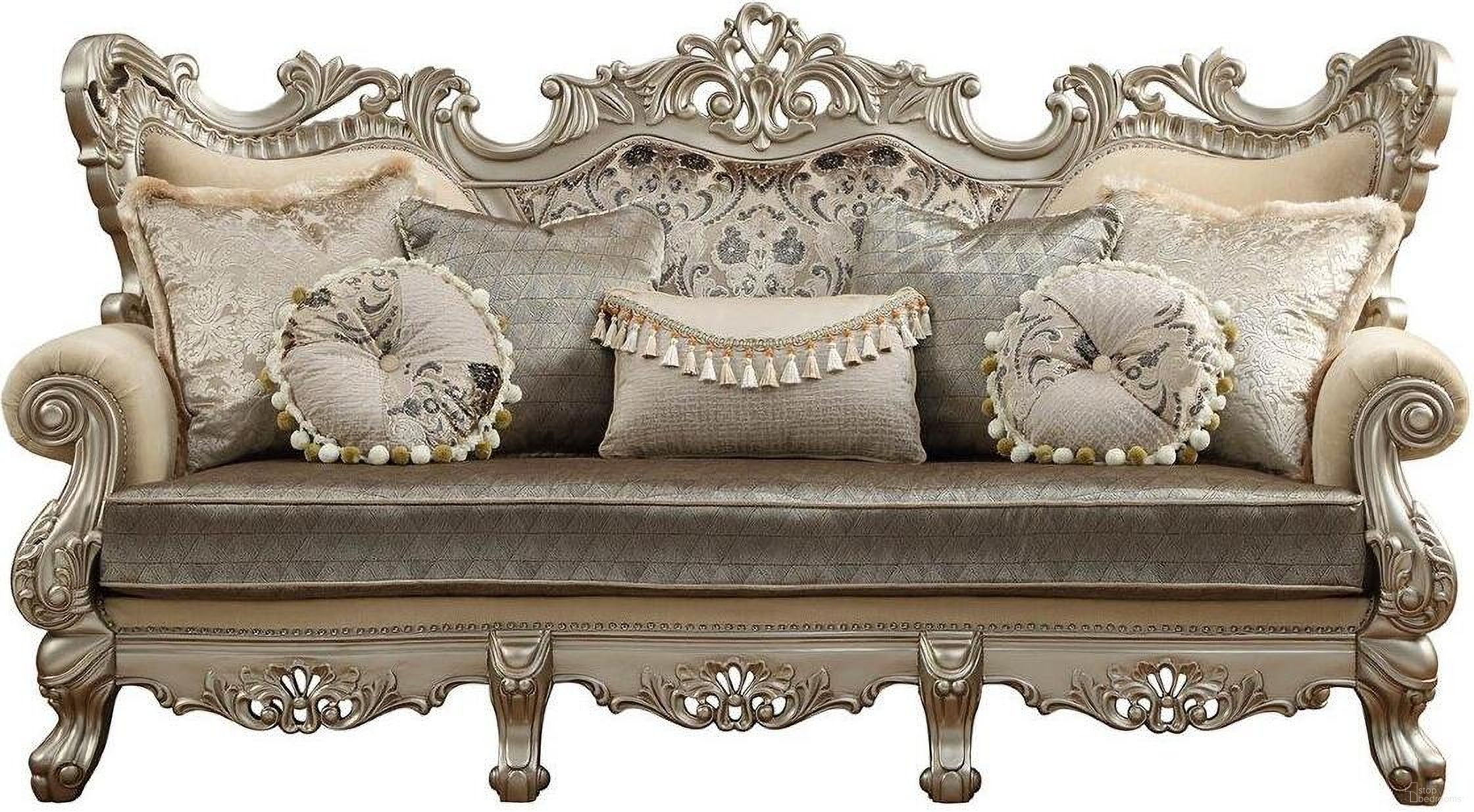 The appearance of Homeroots Fabric And Champagne Upholstery Wood Leg And Trim Sofa With 7 Pillows designed by Homeroots in the traditional interior design. This champagne piece of furniture was selected by 1StopBedrooms from to add a touch of cosiness and style into your home. Sku: 348222. Material: Wood.