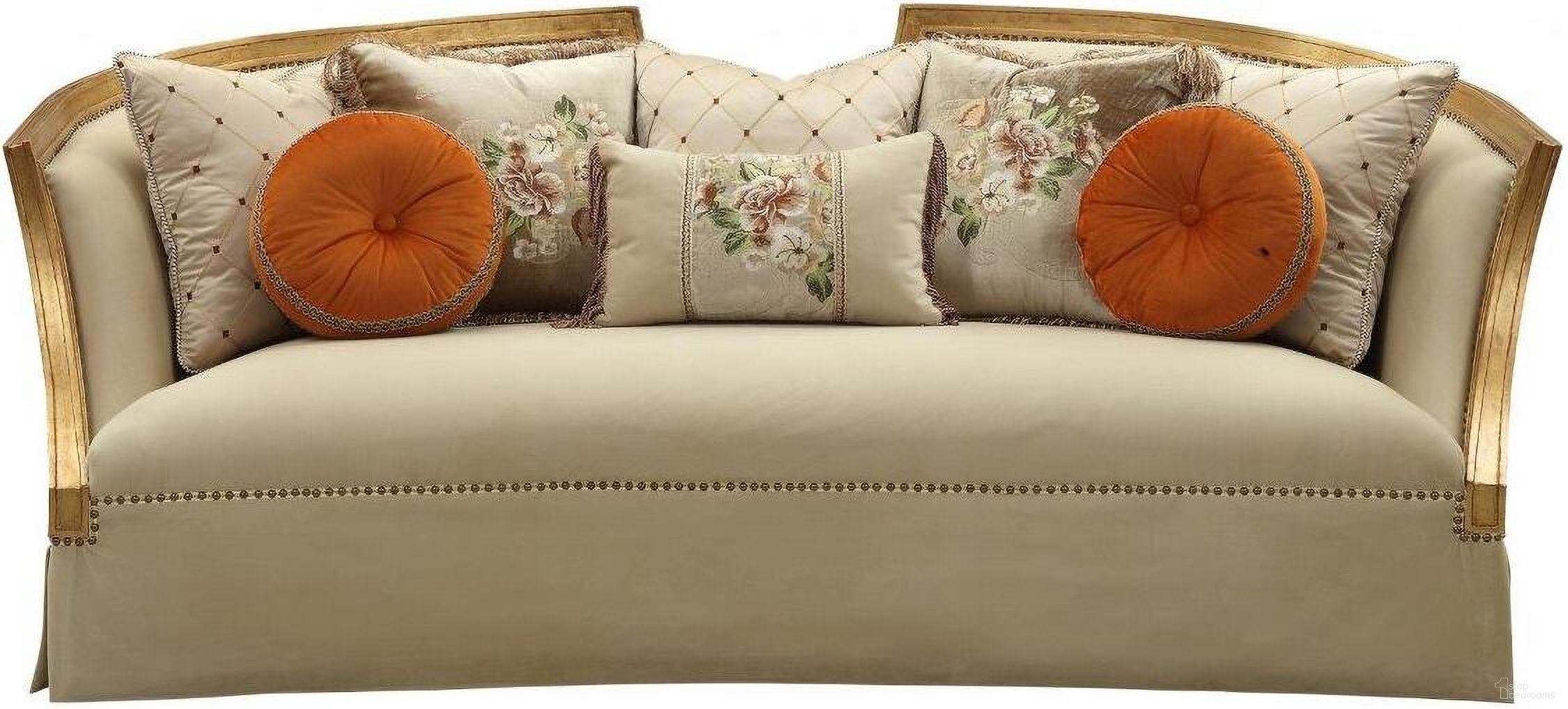 The appearance of Homeroots Fabric Antique Gold Upholstery Wood Leg And Trim Sofa With 8 Pillows designed by Homeroots in the traditional interior design. This antique gold piece of furniture was selected by 1StopBedrooms from to add a touch of cosiness and style into your home. Sku: 348220. Material: Wood.