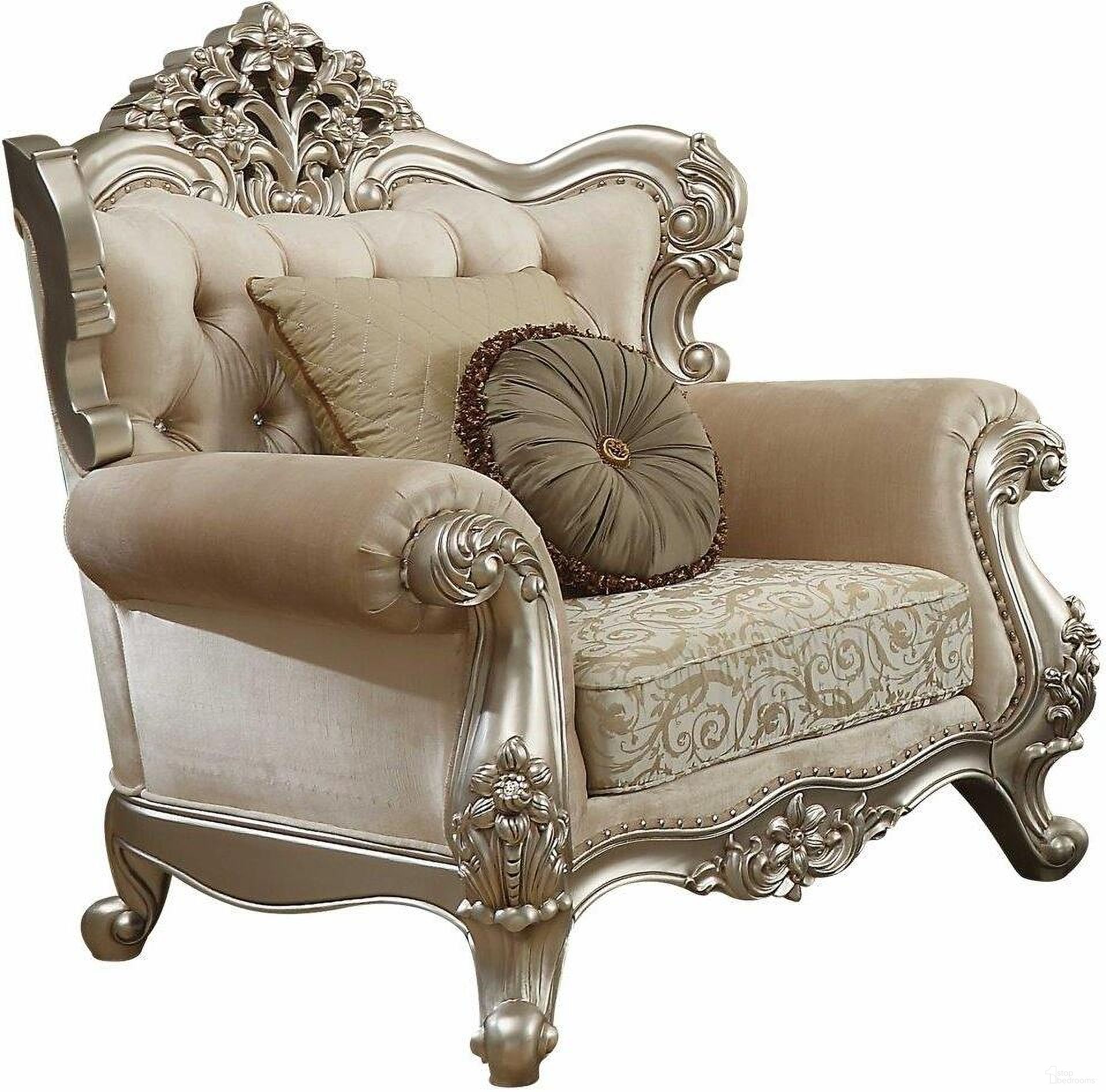 The appearance of Homeroots Fabric Champagne Upholstery Wood Leg And Trim Chair With 2 Pillows designed by Homeroots in the traditional interior design. This champagne piece of furniture was selected by 1StopBedrooms from to add a touch of cosiness and style into your home. Sku: 347242. Material: Wood.