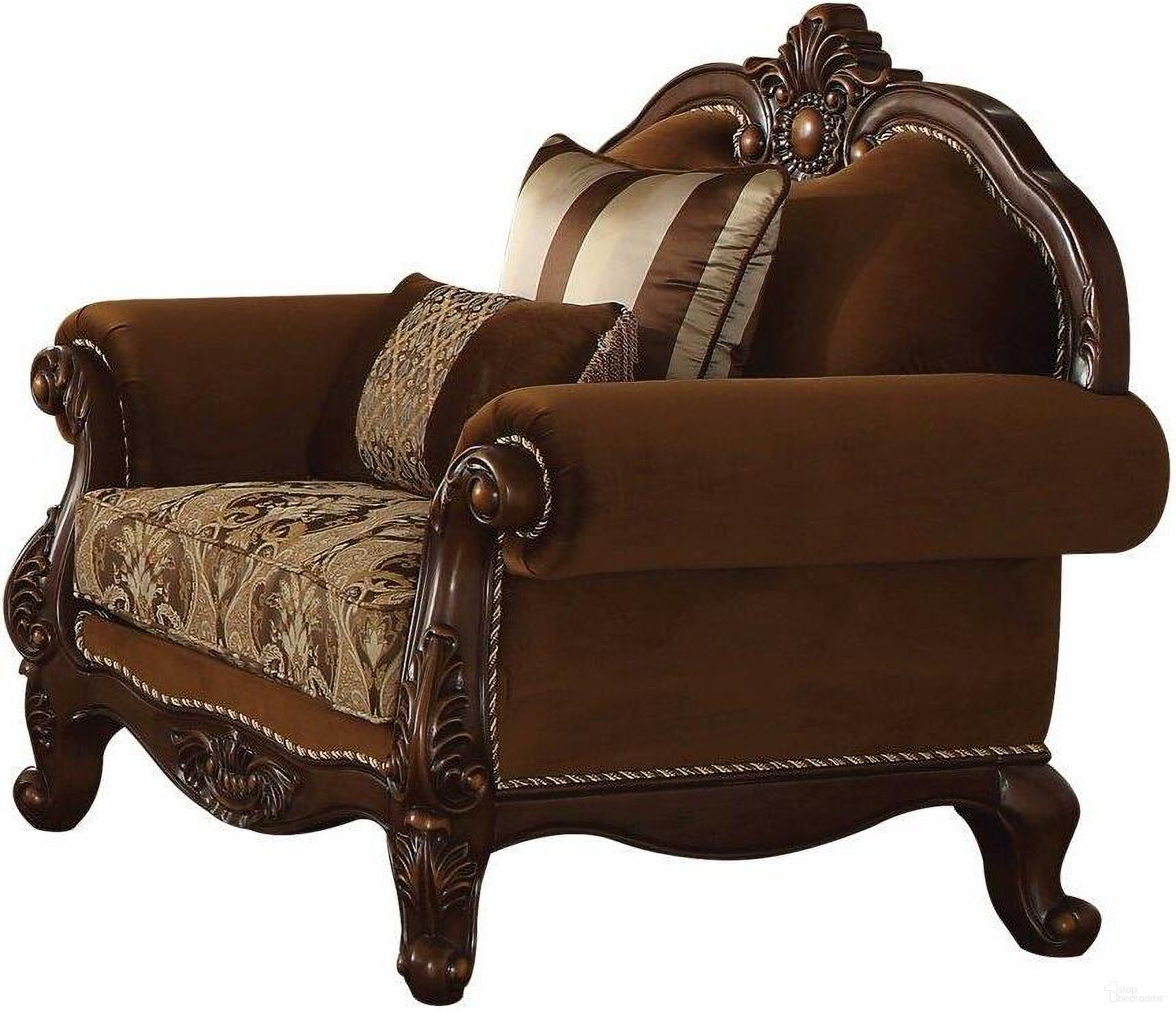 Homeroots Fabric Cherry Oak Upholstery Wood Leg And Trim Chair With 2 Pillows