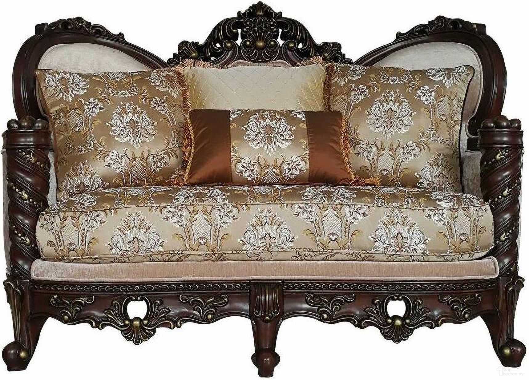 The appearance of Homeroots Fabric Dark Walnut Upholstery Wood Leg And Trim Loveseat With 4 Pillows designed by Homeroots in the traditional interior design. This dark walnut piece of furniture  was selected by 1StopBedrooms from  to add a touch of cosiness and style into your home. Sku: 348218. Material: Wood.