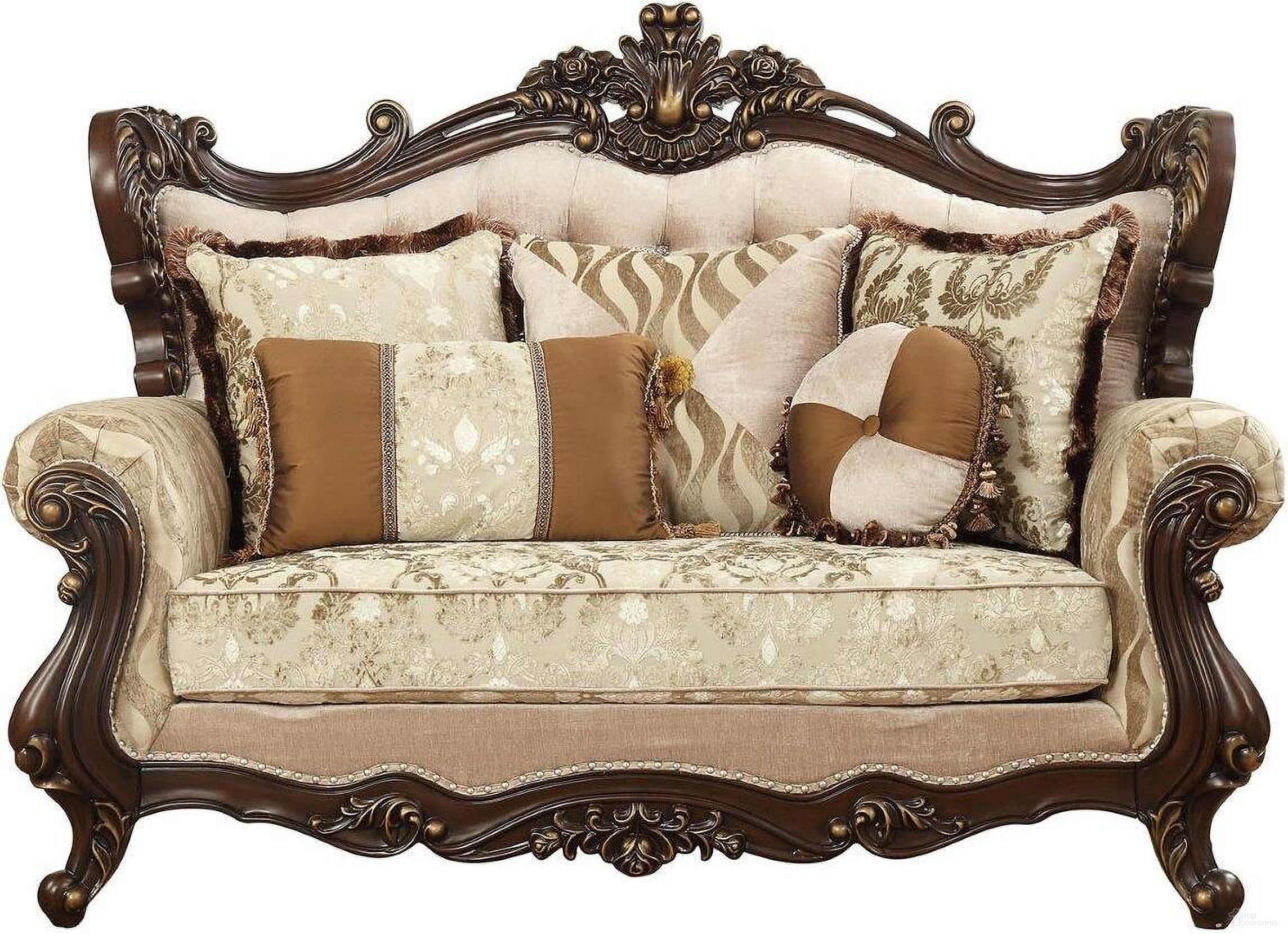 The appearance of Homeroots Fabric Walnut Upholstery Wood Leg And Trim Loveseat With 5 Pillows designed by Homeroots in the traditional interior design. This walnut piece of furniture was selected by 1StopBedrooms from to add a touch of cosiness and style into your home. Sku: 348226. Material: Wood.