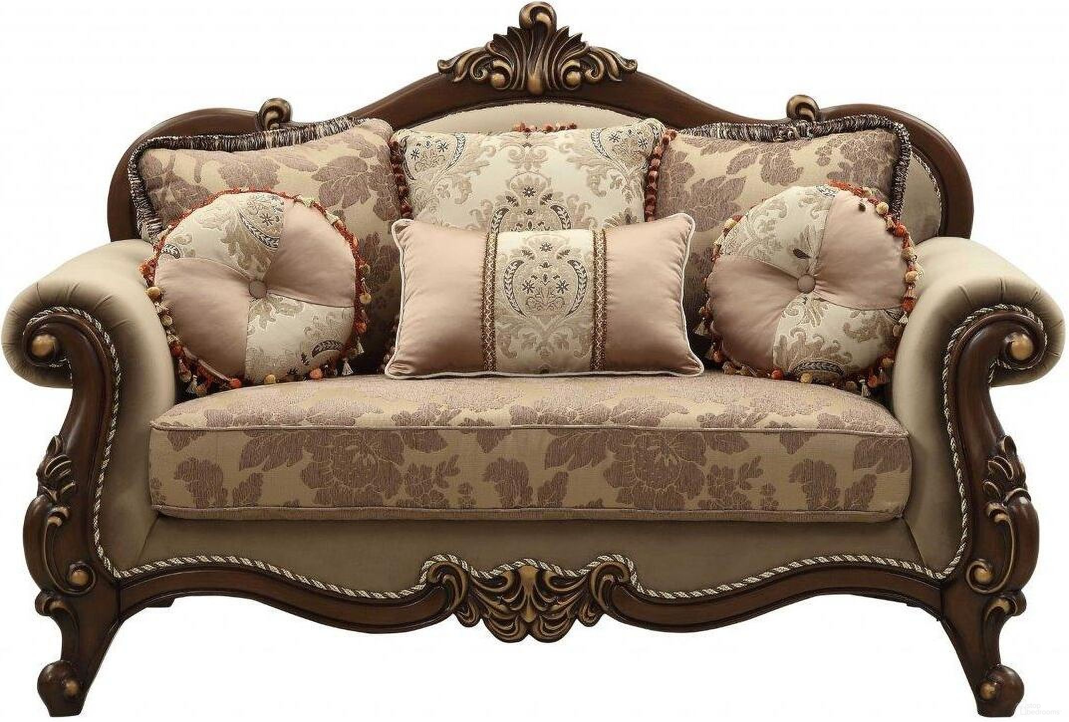 Homeroots Fabric Walnut Upholstery Wood Leg And Trim Loveseat With 6 Pillows
