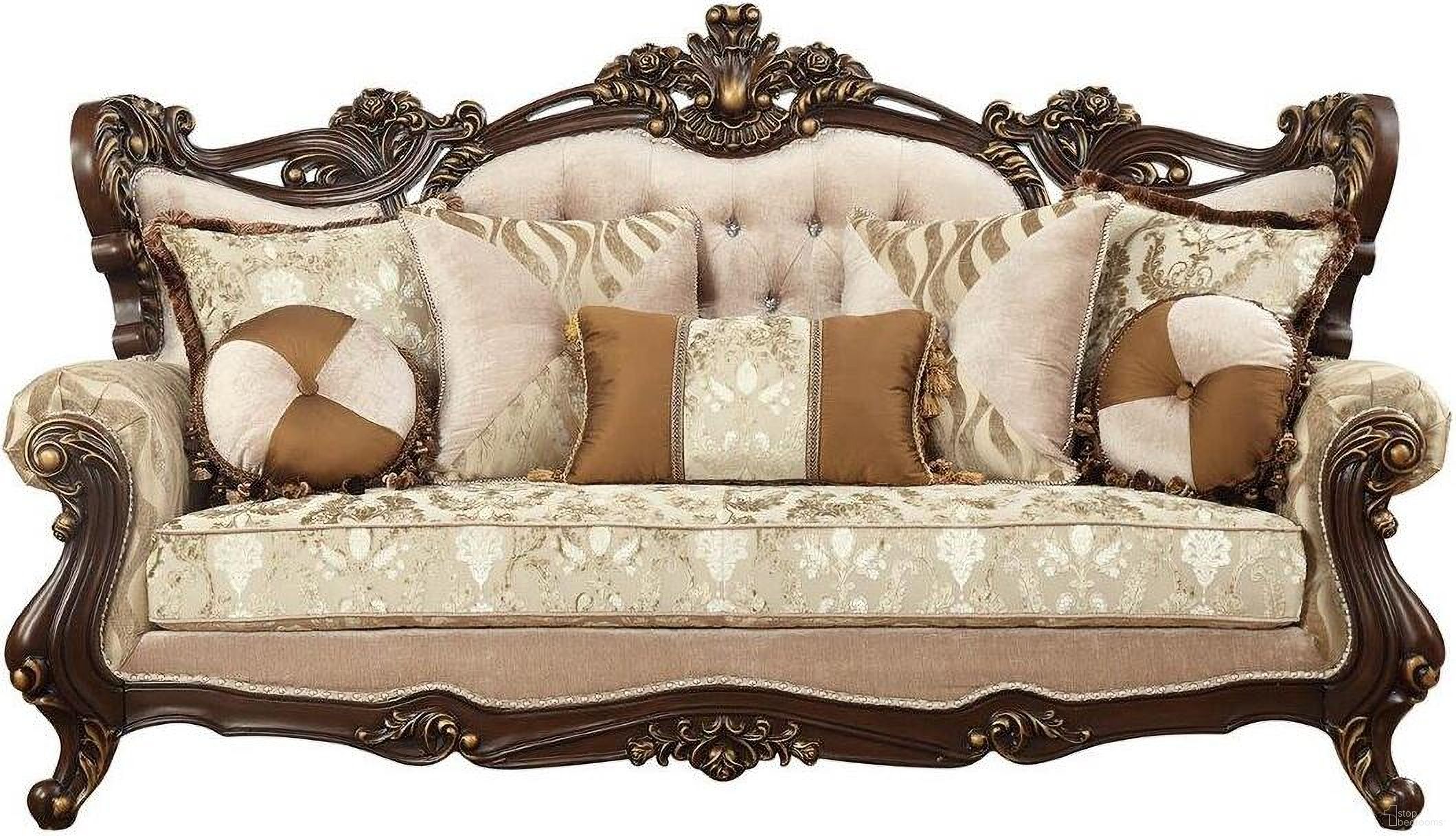 The appearance of Homeroots Fabric Walnut Upholstery Wood Leg And Trim Sofa With 7 Pillows designed by Homeroots in the traditional interior design. This walnut piece of furniture was selected by 1StopBedrooms from to add a touch of cosiness and style into your home. Sku: 348225. Material: Wood.