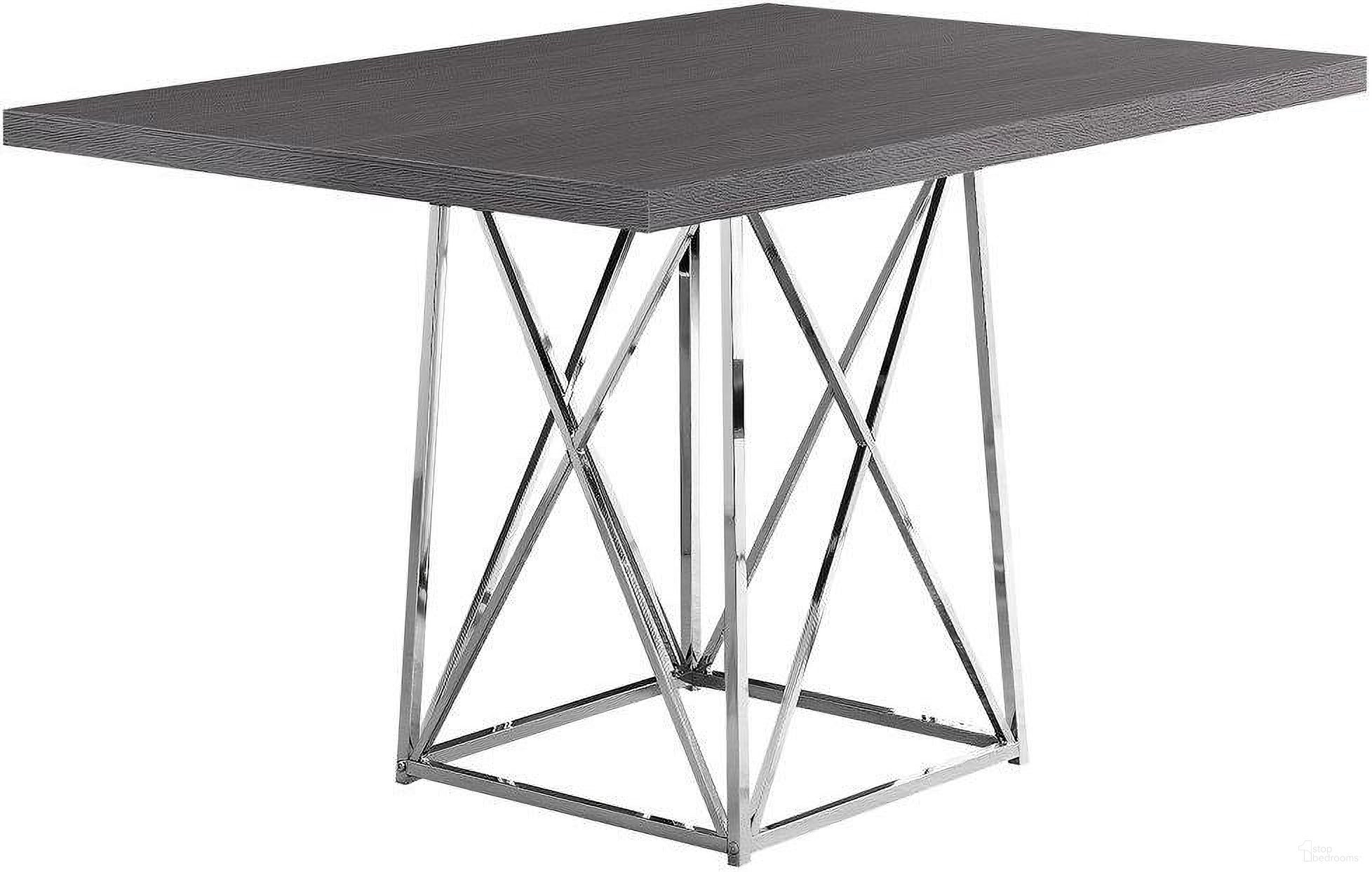 The appearance of Homeroots Grey Particle Board Ad Chrome Metal Dining Table designed by Homeroots in the transitional interior design. This dark gray piece of furniture  was selected by 1StopBedrooms from  to add a touch of cosiness and style into your home. Sku: 332591. Table Base Style: Pedestal. Table Top Shape: Square. Material: Metal. Size: 48" x 36".