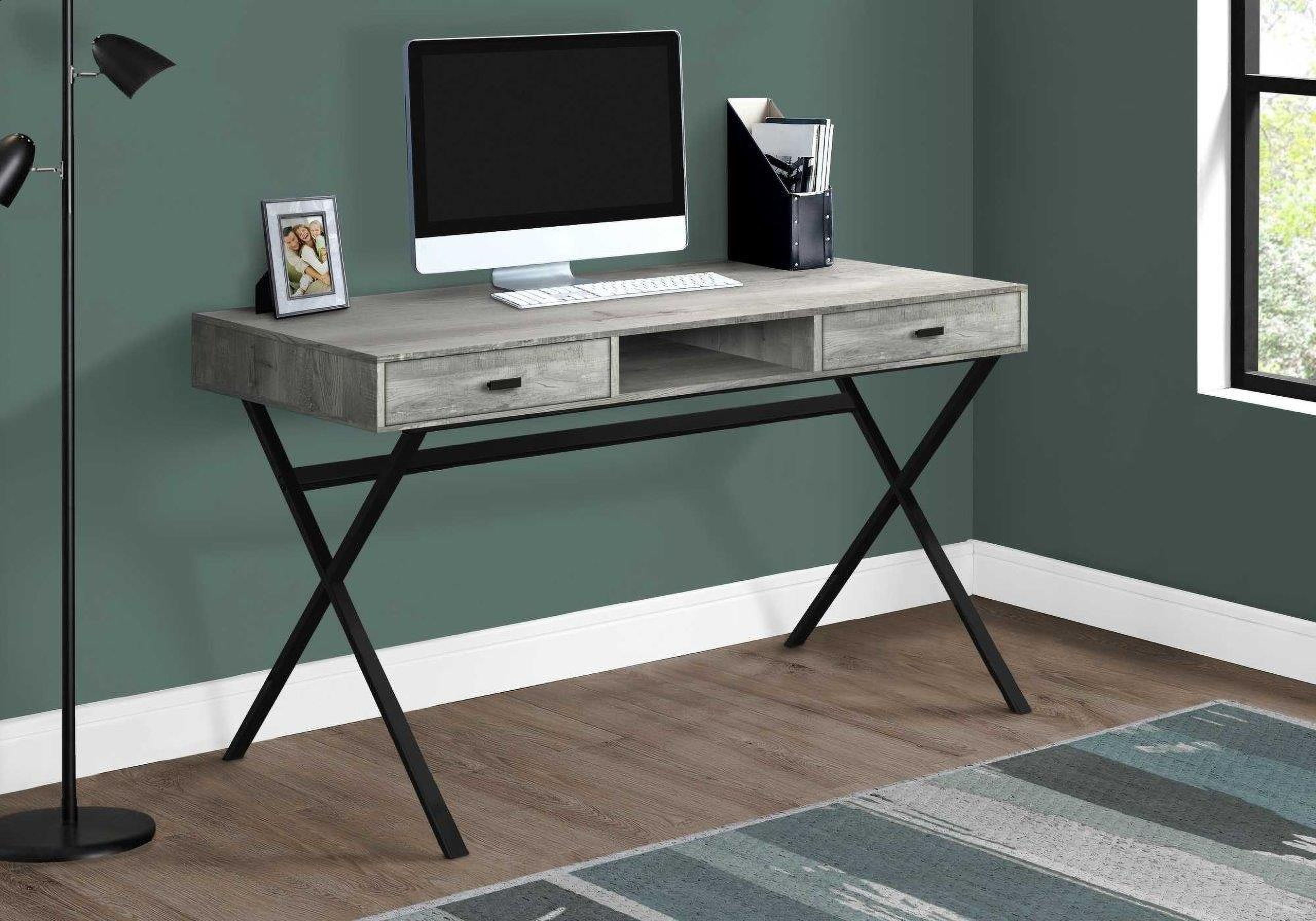 The appearance of Homeroots Grey Reclaimed Wood Particle Board And Black Metal Computer Desk designed by Homeroots in the modern / contemporary interior design. This black and grey piece of furniture  was selected by 1StopBedrooms from  to add a touch of cosiness and style into your home. Sku: 333545. Material: Metal.
