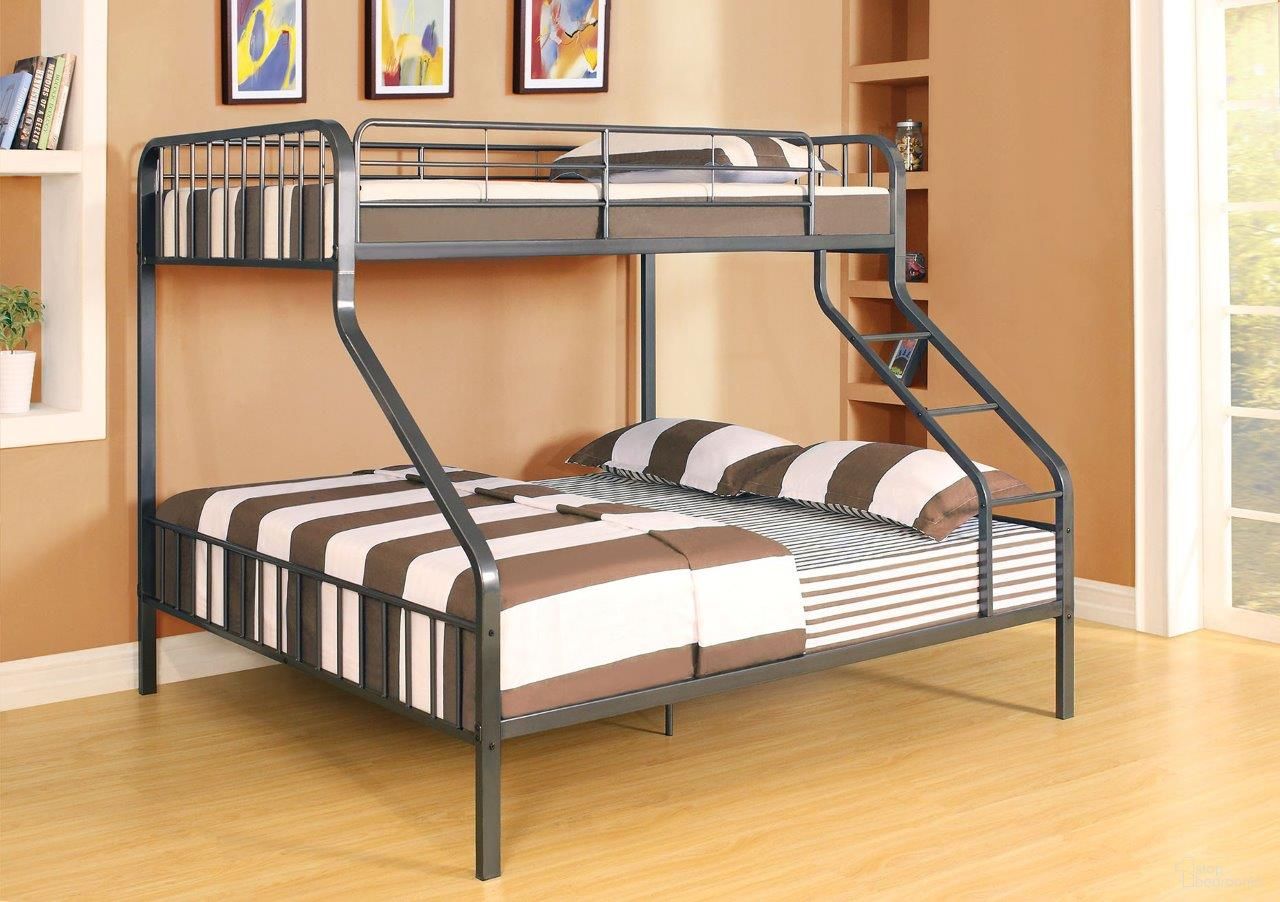 The appearance of Homeroots Gunmetal Twin X L Over Queen Bunk Bed 285316 designed by Homeroots in the modern / contemporary interior design. This gunmetal piece of furniture was selected by 1StopBedrooms from to add a touch of cosiness and style into your home. Sku: 285316. Bed Type: Bunk Bed. Material: Metal. Bed Size: Twin Over Queen.