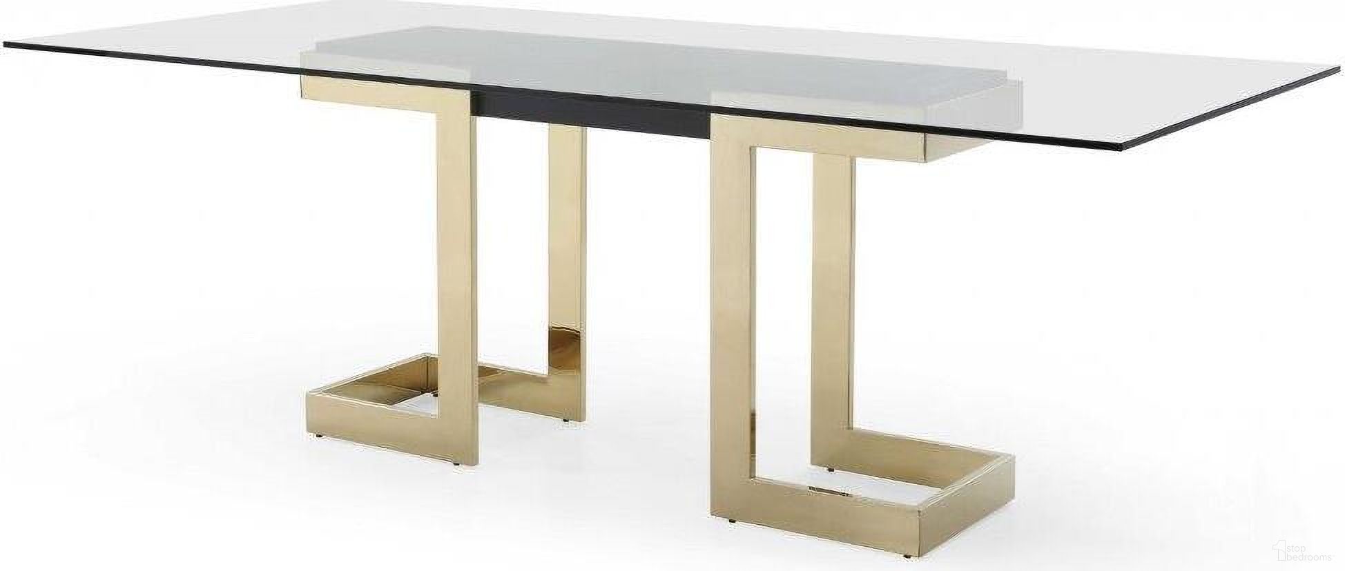 The appearance of Homeroots Polished Gold Glass And Stainless Steel Dining Table 370725 designed by Homeroots in the modern / contemporary interior design. This gold piece of furniture  was selected by 1StopBedrooms from  to add a touch of cosiness and style into your home. Sku: 370725. Table Base Style: Double Pedestal. Material: Steel. Table Top Shape: Rectangular. Size: 39" x 87".