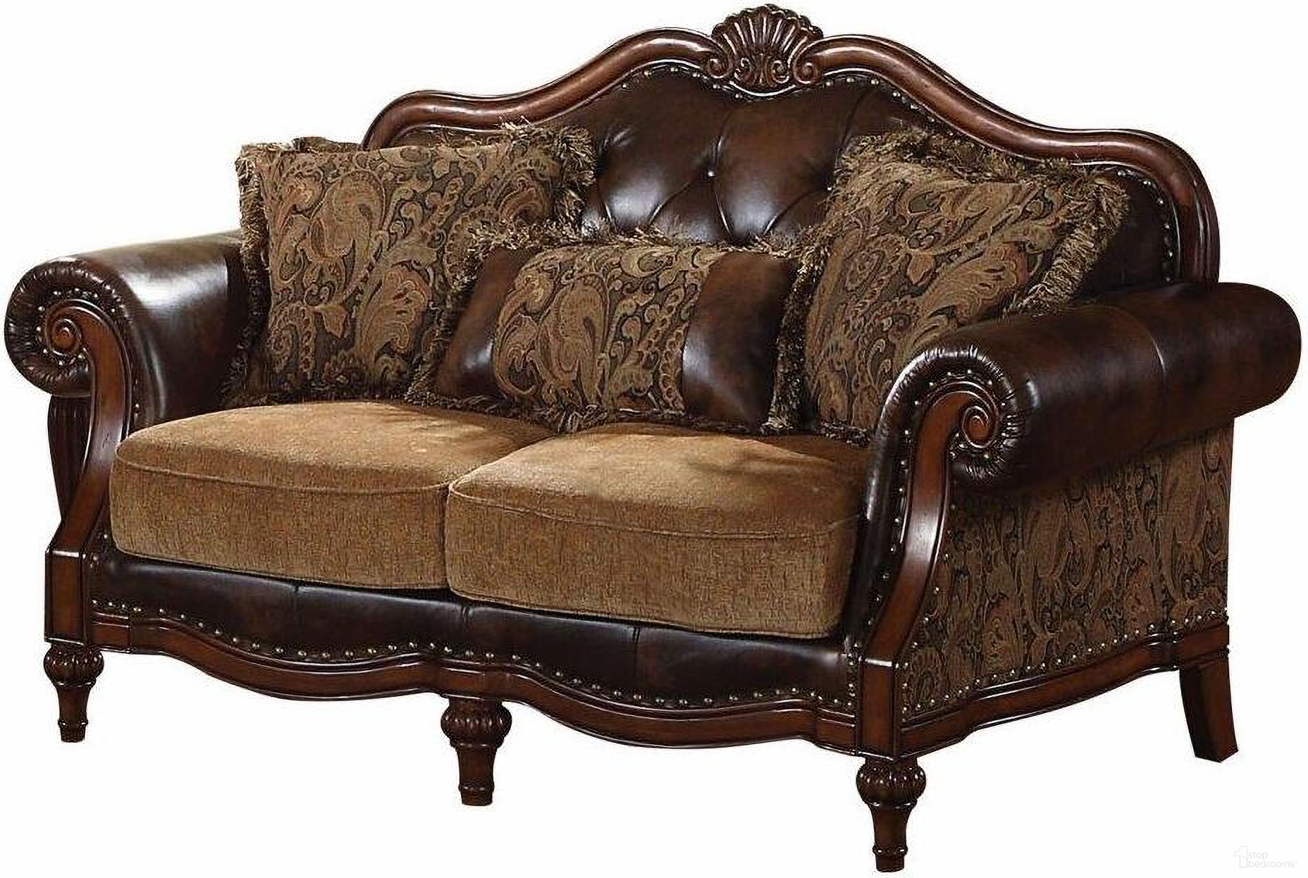 The appearance of PU Tone Brown PU Chenille Upholstery Wood Loveseat With 3 Pillows designed by Homeroots in the rustic / southwestern interior design. This brown piece of furniture was selected by 1StopBedrooms from to add a touch of cosiness and style into your home. Sku: 346974. Material: Wood.