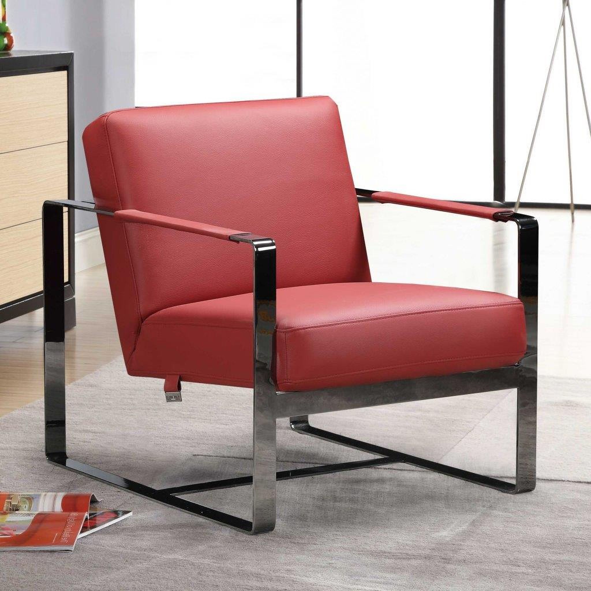 The appearance of Homeroots Red Leather Accent Chair designed by Homeroots in the modern / contemporary interior design. This red piece of furniture  was selected by 1StopBedrooms from  to add a touch of cosiness and style into your home. Sku: 370420. Material: Leather.