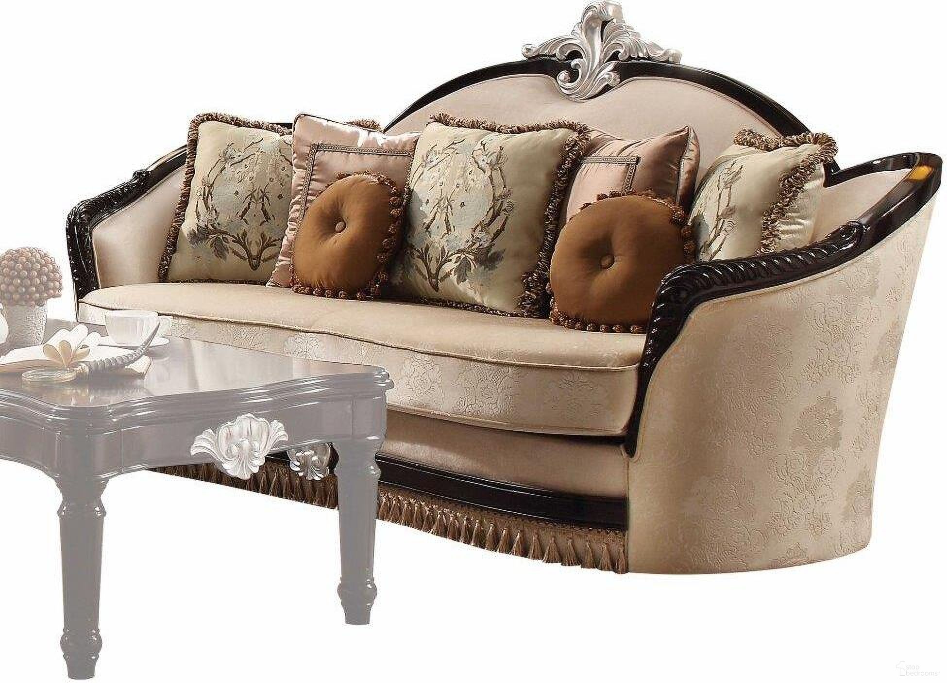 The appearance of Homeroots Tan Fabric Black Upholstery Wood Sofa With 7 Pillows designed by Homeroots in the rustic / southwestern interior design. This tan piece of furniture  was selected by 1StopBedrooms from  to add a touch of cosiness and style into your home. Sku: 348229. Material: Wood.
