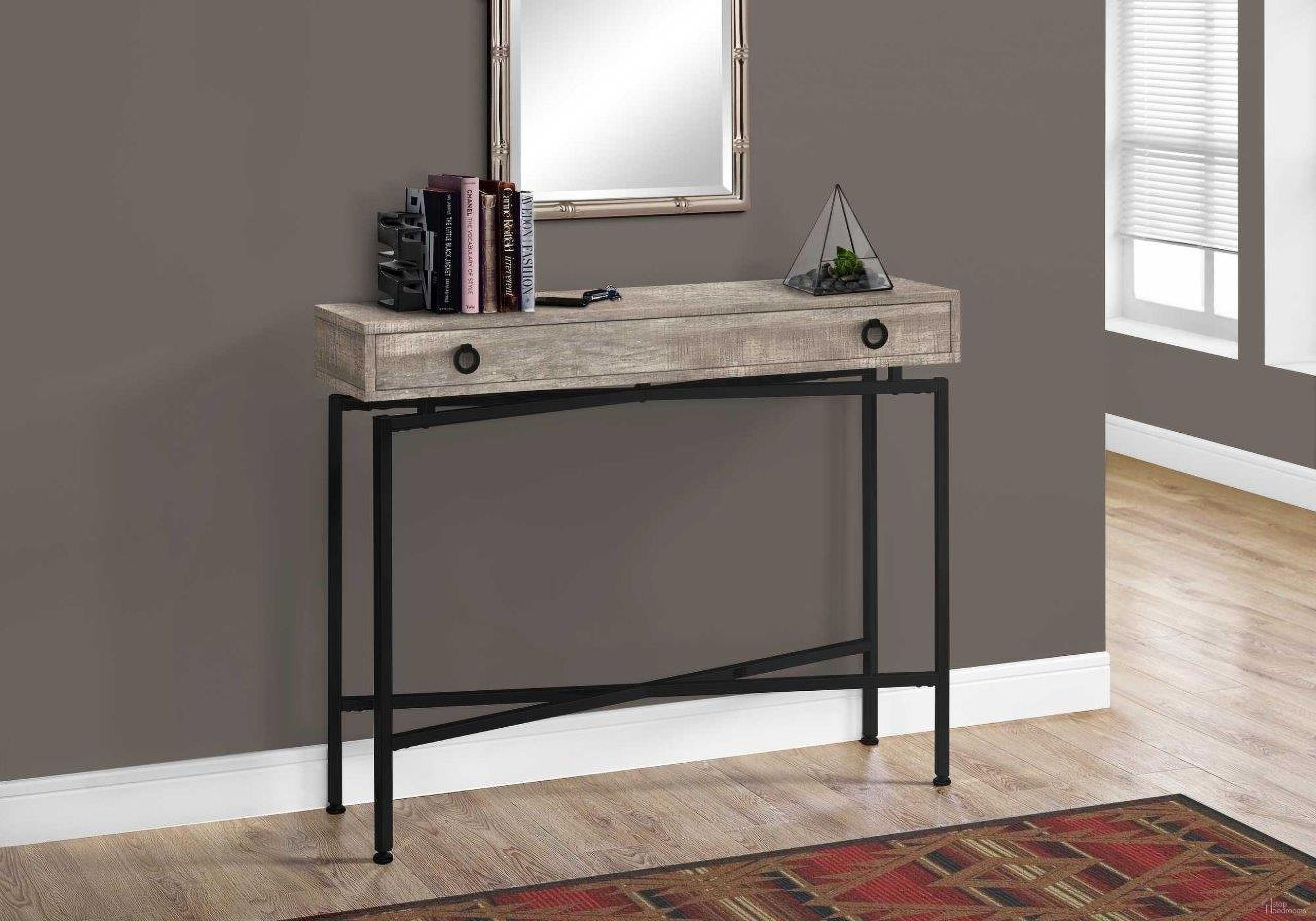 The appearance of Homeroots Taupe Reclaimed Wood Accent Table With Black Legs designed by Homeroots in the industrial interior design. This taupe piece of furniture was selected by 1StopBedrooms from to add a touch of cosiness and style into your home. Sku: 333211. Material: Metal.