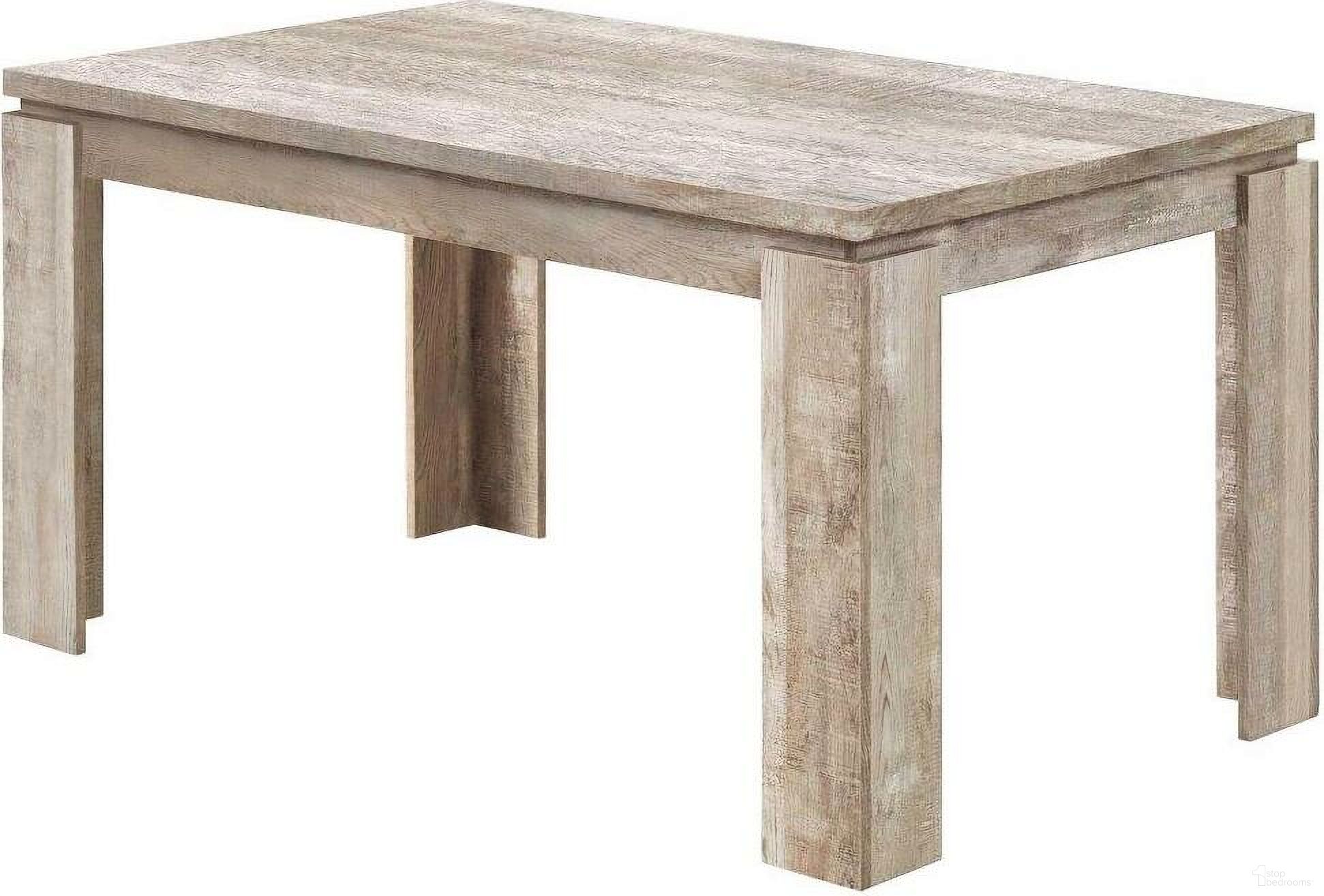 The appearance of Homeroots Taupe Reclaimed Wood Look Dining Table designed by Homeroots in the modern / contemporary interior design. This taupe piece of furniture  was selected by 1StopBedrooms from  to add a touch of cosiness and style into your home. Sku: 355696. Table Base Style: Legs. Table Top Shape: Square. Material: MDF. Size: 59" x 36".