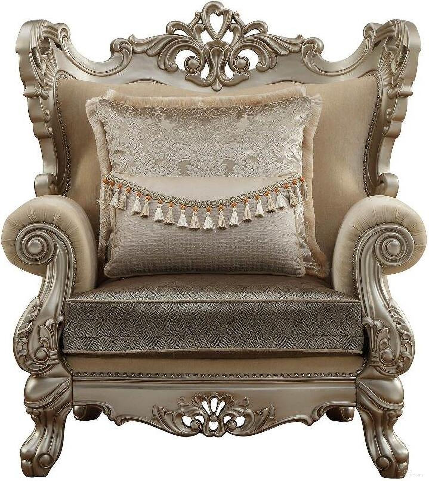The appearance of Homeroots Upholstery Wood Leg And Trim Chair And 2 Pillows Fabric And Champagne designed by Homeroots in the traditional interior design. This champagne piece of furniture was selected by 1StopBedrooms from to add a touch of cosiness and style into your home. Sku: 348224. Material: Wood.