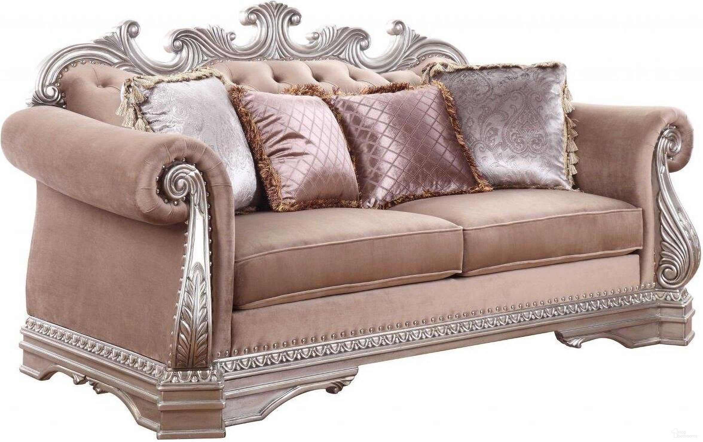 The appearance of Homeroots Velvet Antique Champagne Upholstery Poly Resin Loveseat With 4 Pillows designed by Homeroots in the traditional interior design. This velvet piece of furniture was selected by 1StopBedrooms from to add a touch of cosiness and style into your home. Sku: 348649. Material: Porcelain.
