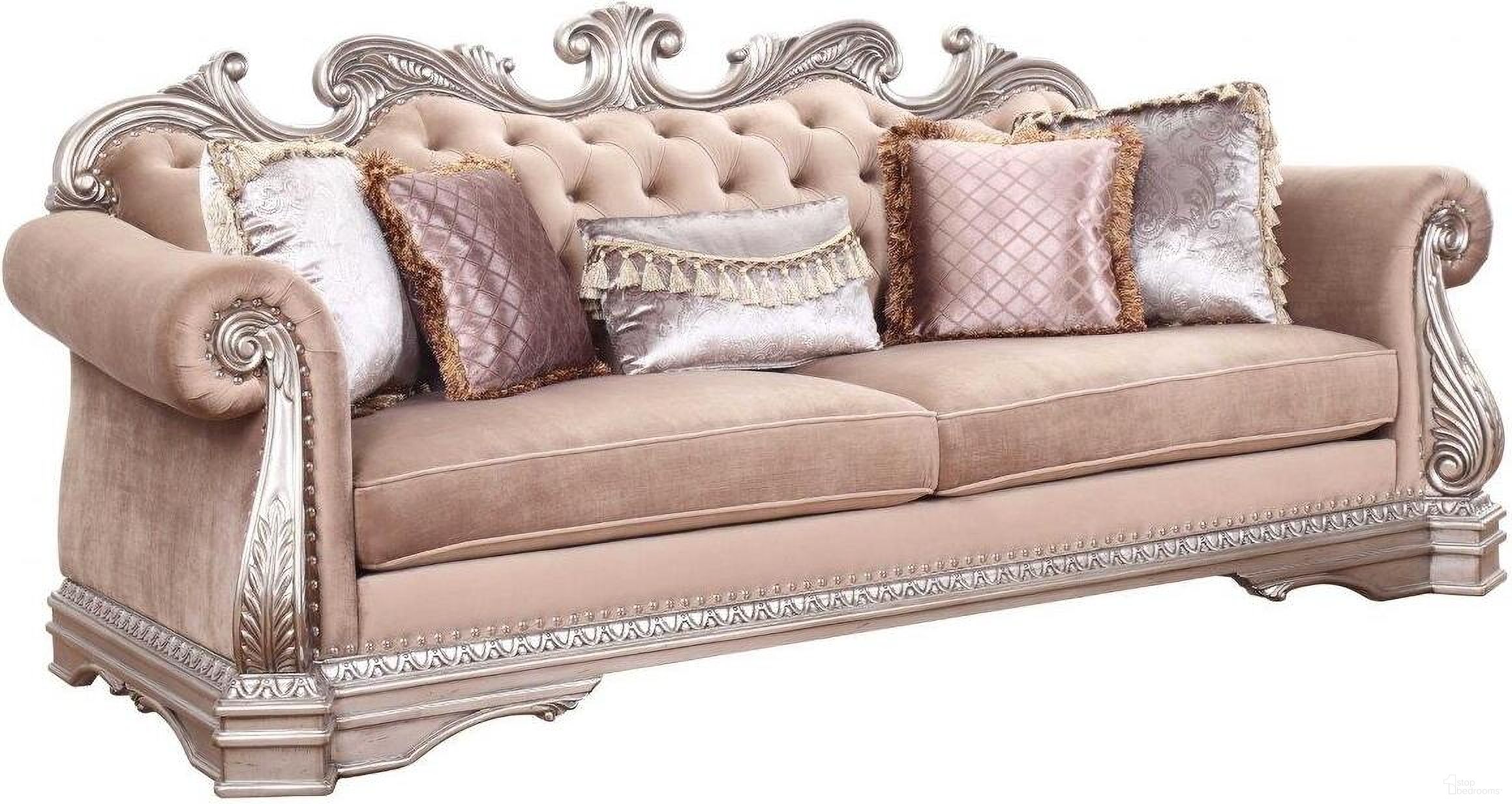 The appearance of Homeroots Velvet Antique Champagne Upholstery Poly Resin Sofa With 5 Pillows designed by Homeroots in the traditional interior design. This velvet piece of furniture was selected by 1StopBedrooms from to add a touch of cosiness and style into your home. Sku: 348648. Material: Porcelain.