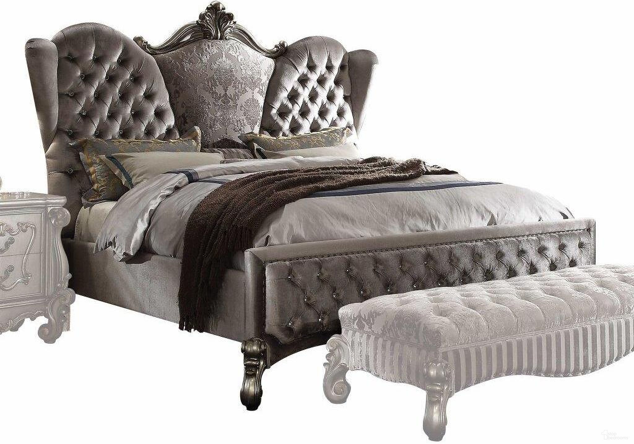 Homeroots Velvet Antique Platinum Upholstery Poly Resin Queen Bed