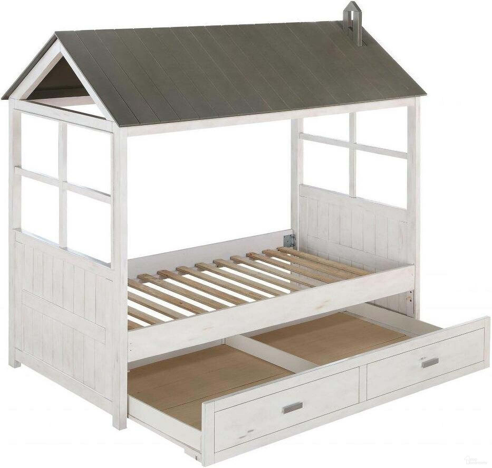 The appearance of Homeroots Weathered White Washed Gray Wood Twin Bed designed by Homeroots in the country / farmhouse interior design. This white and brown piece of furniture  was selected by 1StopBedrooms from  to add a touch of cosiness and style into your home. Sku: 347190. Material: Wood. Bed Size: Twin. Bed Type: Novelty Bed.