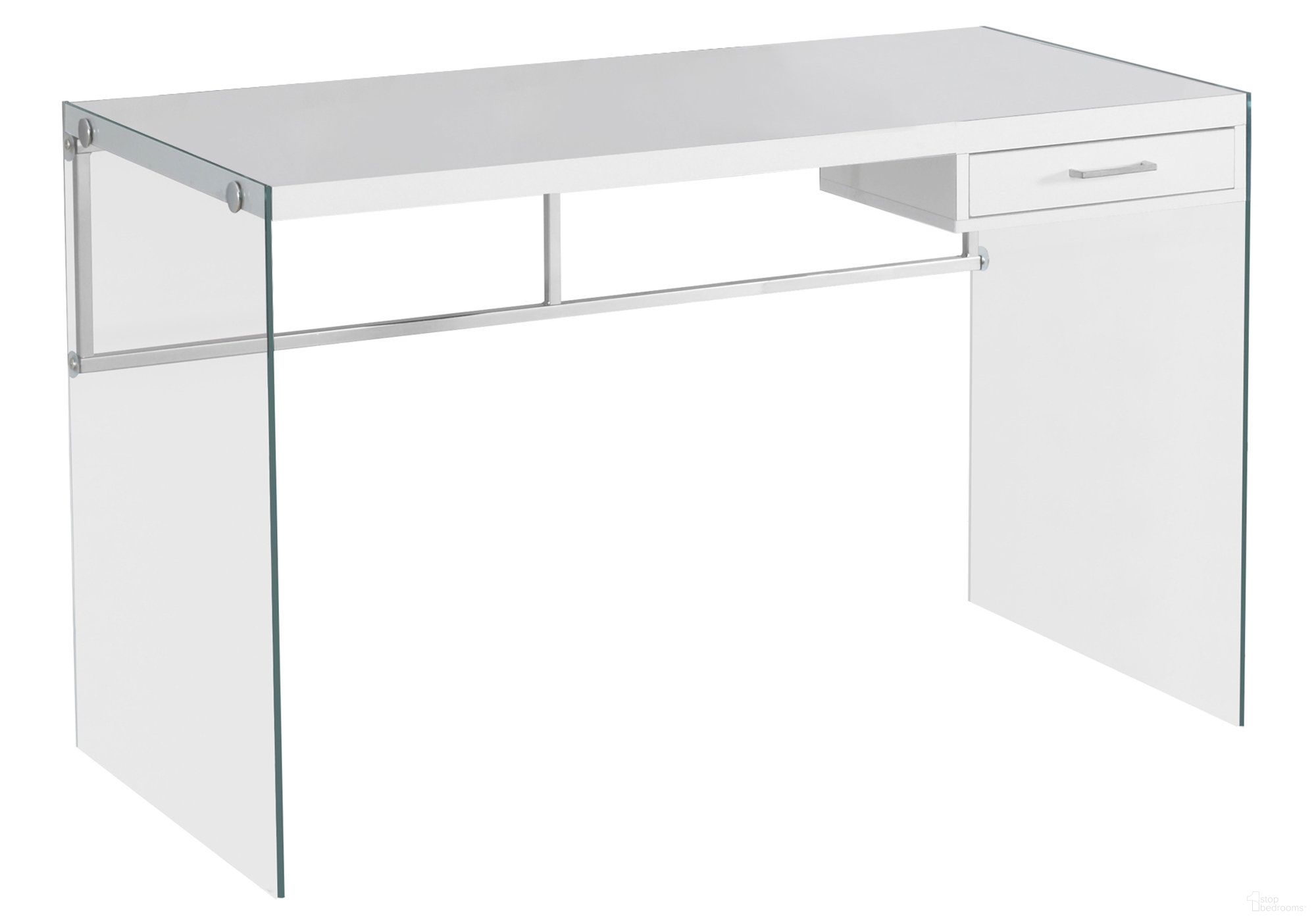 The appearance of White Clear Particle Board Metal Tempered Glass Computer Desk 333411 designed by Homeroots in the modern / contemporary interior design. This clear glass piece of furniture was selected by 1StopBedrooms from to add a touch of cosiness and style into your home. Sku: 333411. Material: Glass.