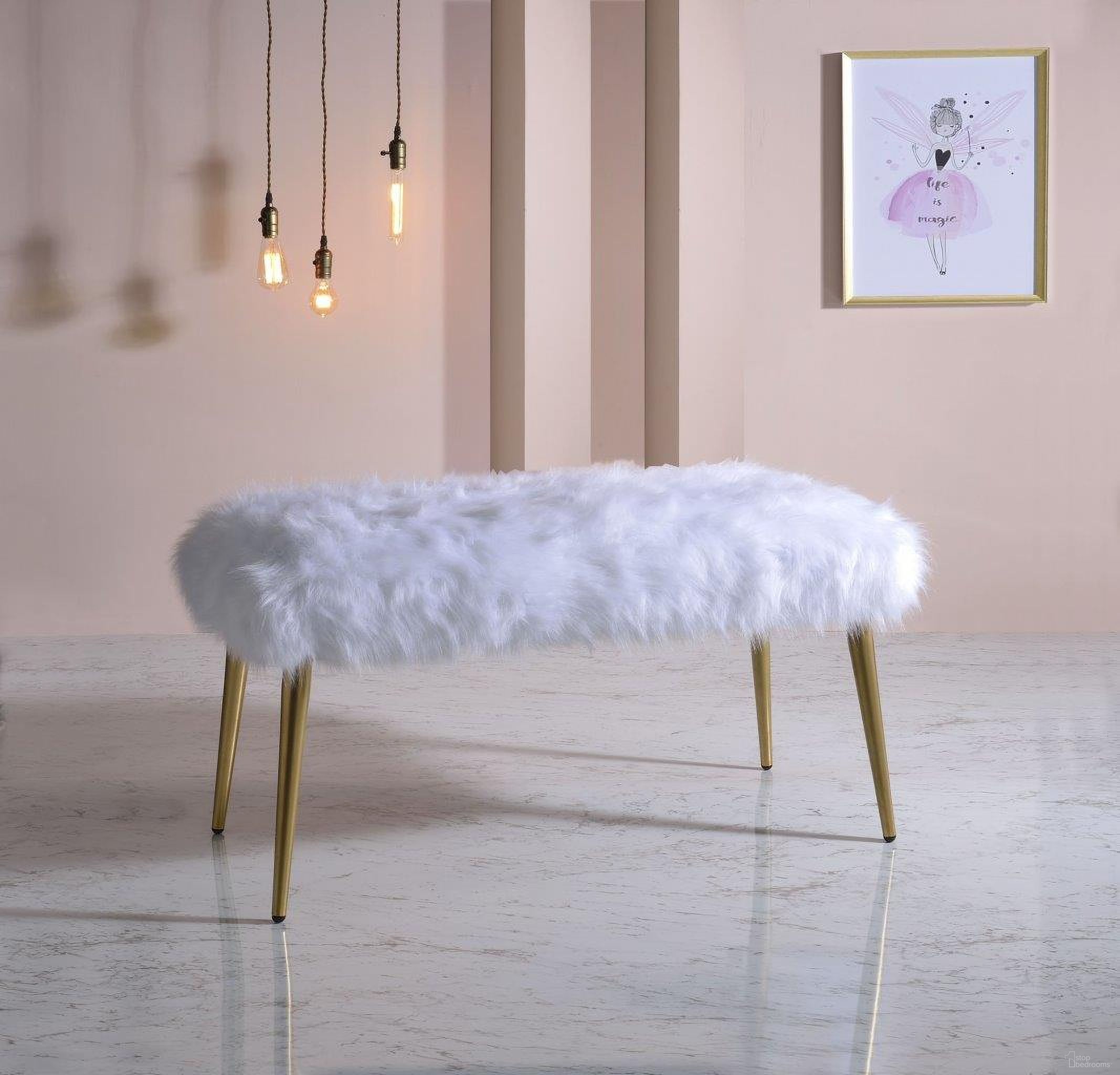 The appearance of Homeroots White Faux Fur Gold Metal Upholstered Bench 347539 designed by Homeroots in the glam interior design. This white faux fur piece of furniture was selected by 1StopBedrooms from to add a touch of cosiness and style into your home. Sku: 347539. Material: Metal.